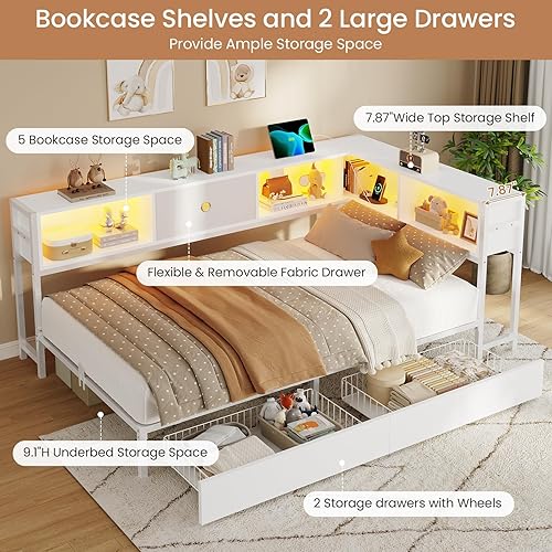 Miniatura 5 de DICTAC Marco de cama de esquina individual con almacenamiento de estantería y luces LED, marcos de cama de plataforma de metal de tamaño individual