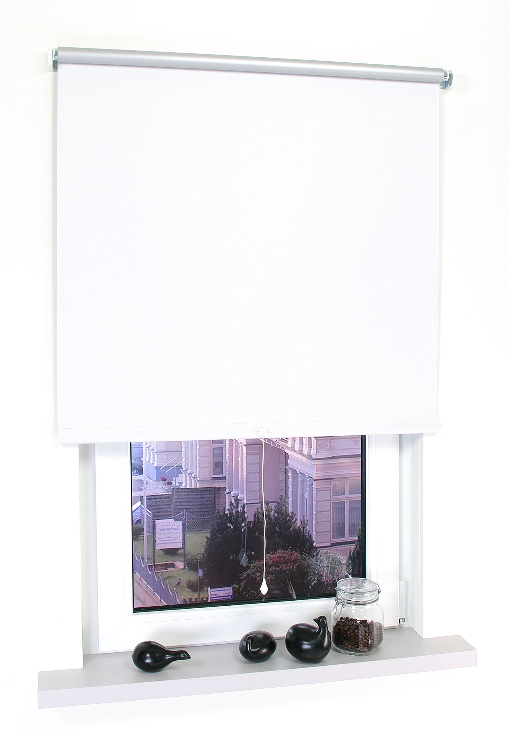 Verdunkelungsrollo Springrollo Mittelzugrollo Schnapprollo Thermo Rollo Breite 60 bis 200 cm lichtundurchlässig verdunkelnd Beschichtung Silber Hitzeschutz (70 x 180 cm, Weiß)