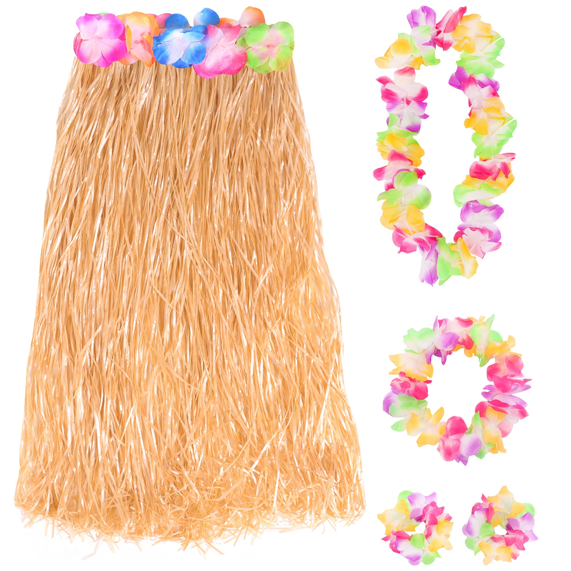 Natural Hawaiian Hula Skirt and Multicoloured Lei Set X1 - Flower Necklace, Headband and Bracelet - 80cm Grass Hula - Luau - Fancy Dress Costume Accessory โ image 1