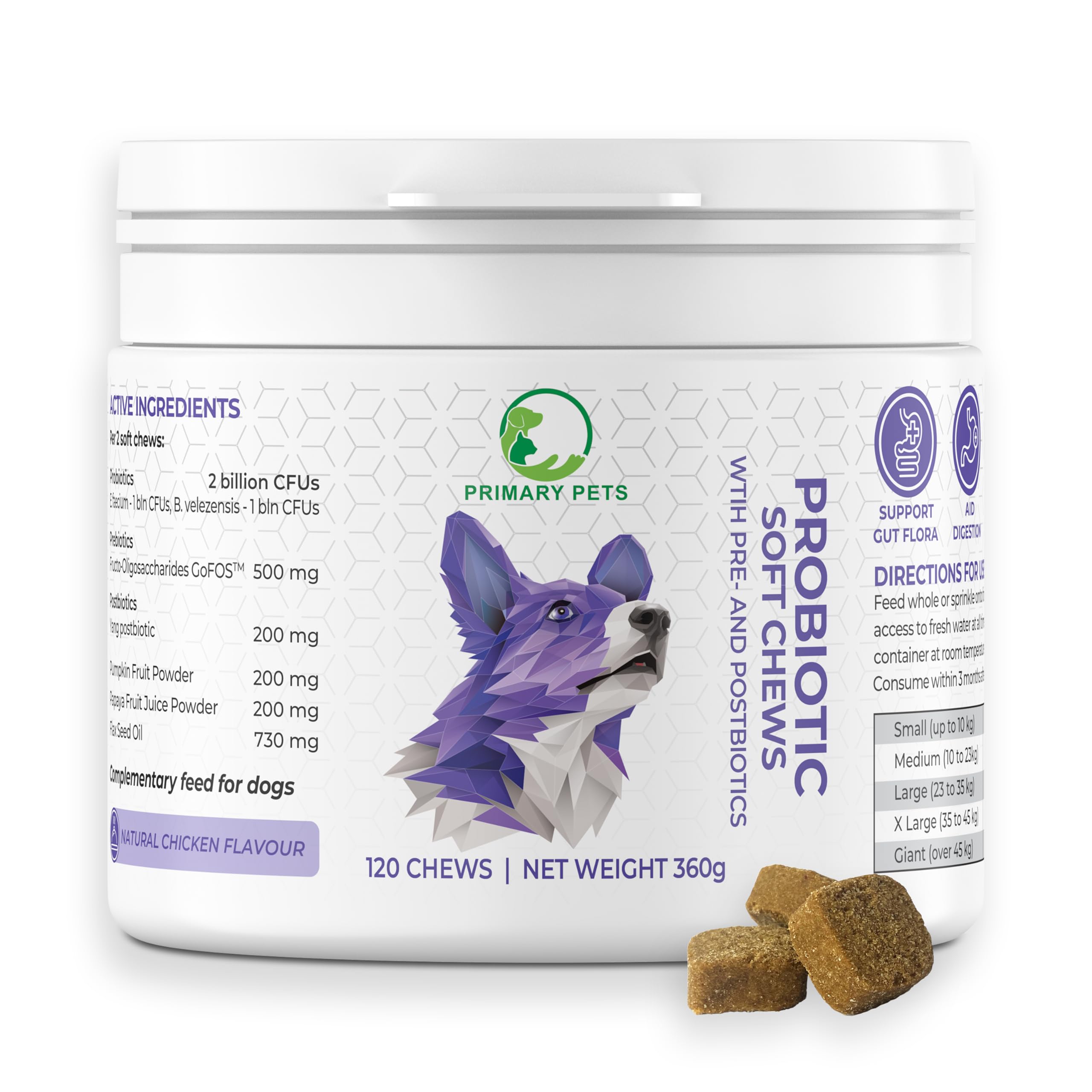 Primary Pets Premium Pet Supplies Dog Probiotic Treats with Prebiotics and Postbiotics, Natural, 120 Chews