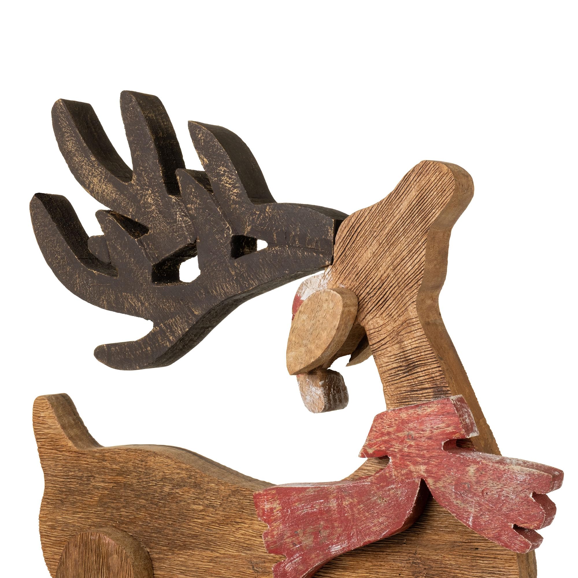 Moritz Décoration de Noël - Figurine de renne en bois de manguier - 55,5 cm - Fabriquée à la main - Avec écharpe rouge et bonnet de Noël - Décoration d'hiver pour salon, rebord de fenêtre ou cheminée