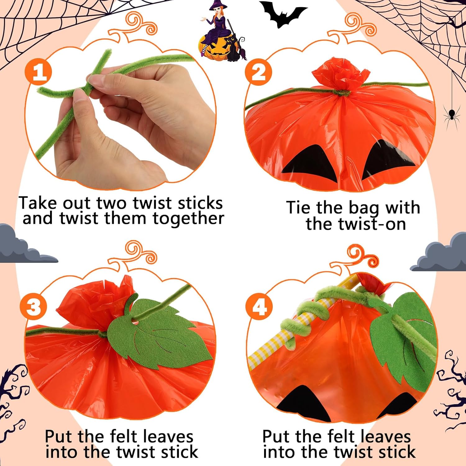 Maitys 18 Pcs Halloween Pumpkin Lawn Leaf Bags with Felt Leaves Twist Ties Reusable Plastic Trash Bags Yard Fall Leaf Waste Bag for Lawn Garden Halloween Party Decorations