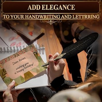 Lagarto Feather Pen and Ink Set, 11.4, 3 Steel Nibs, Inkwell (Black)