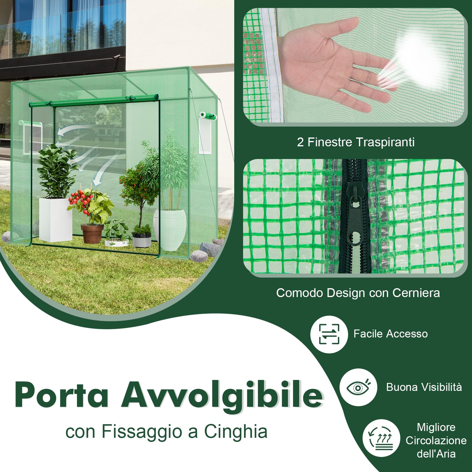 GYMAX Serra da Giardino, Serra Portatile Mini Esterna con Copertura in PE, 4 Corde Antivento e Picchetti da Terra, Porta a Cerniera con Avvolgimento, 200 x 77 x 169 cm (Verde-1)