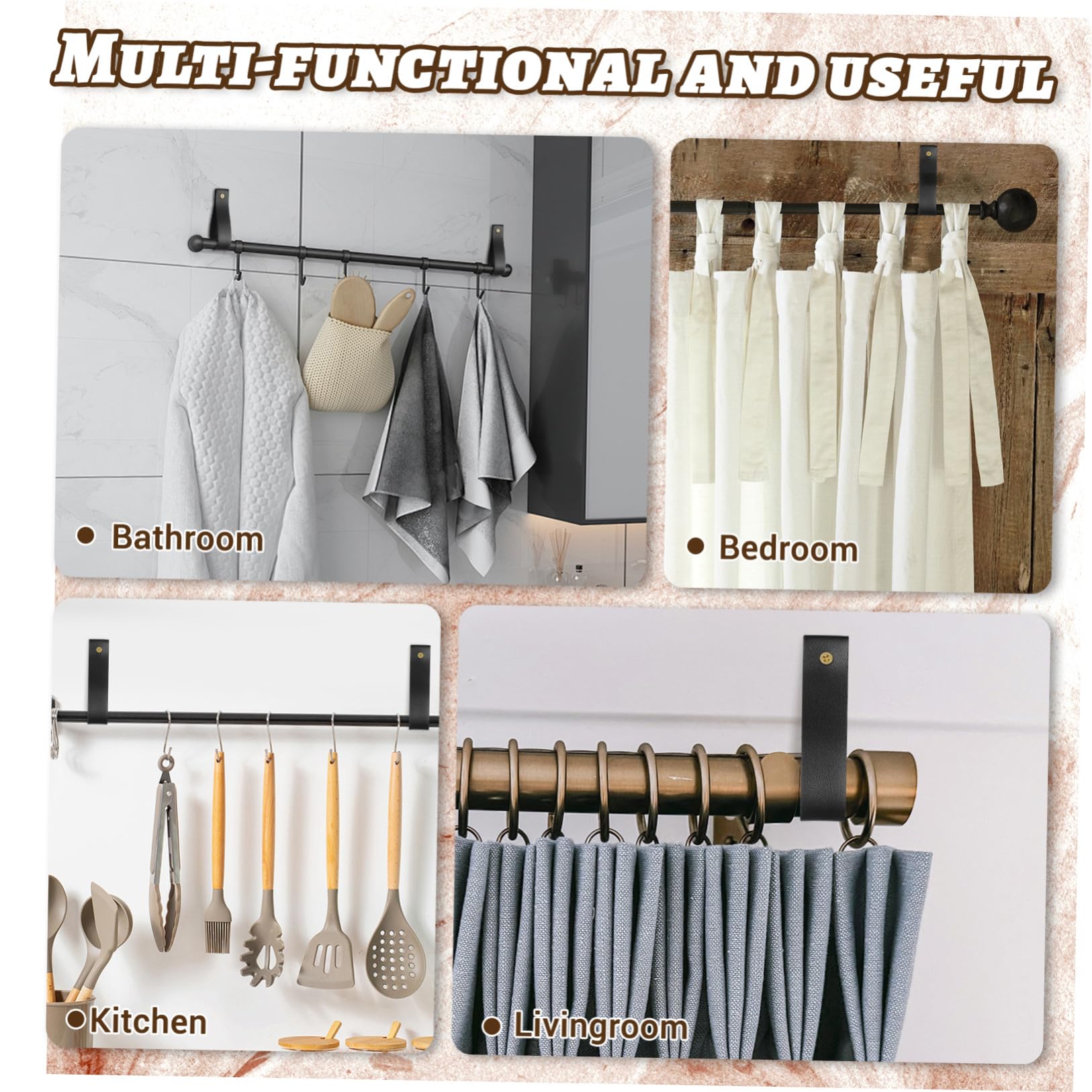 SHINEOFI 4 Pièces Support De Tringle À Rideaux en Cuir Bohème Crochets Muraux Multi-Fonctionnels pour Maison Chambre Salle De Bain Cuisine 4.72 X 0.98 X 0.79 Po