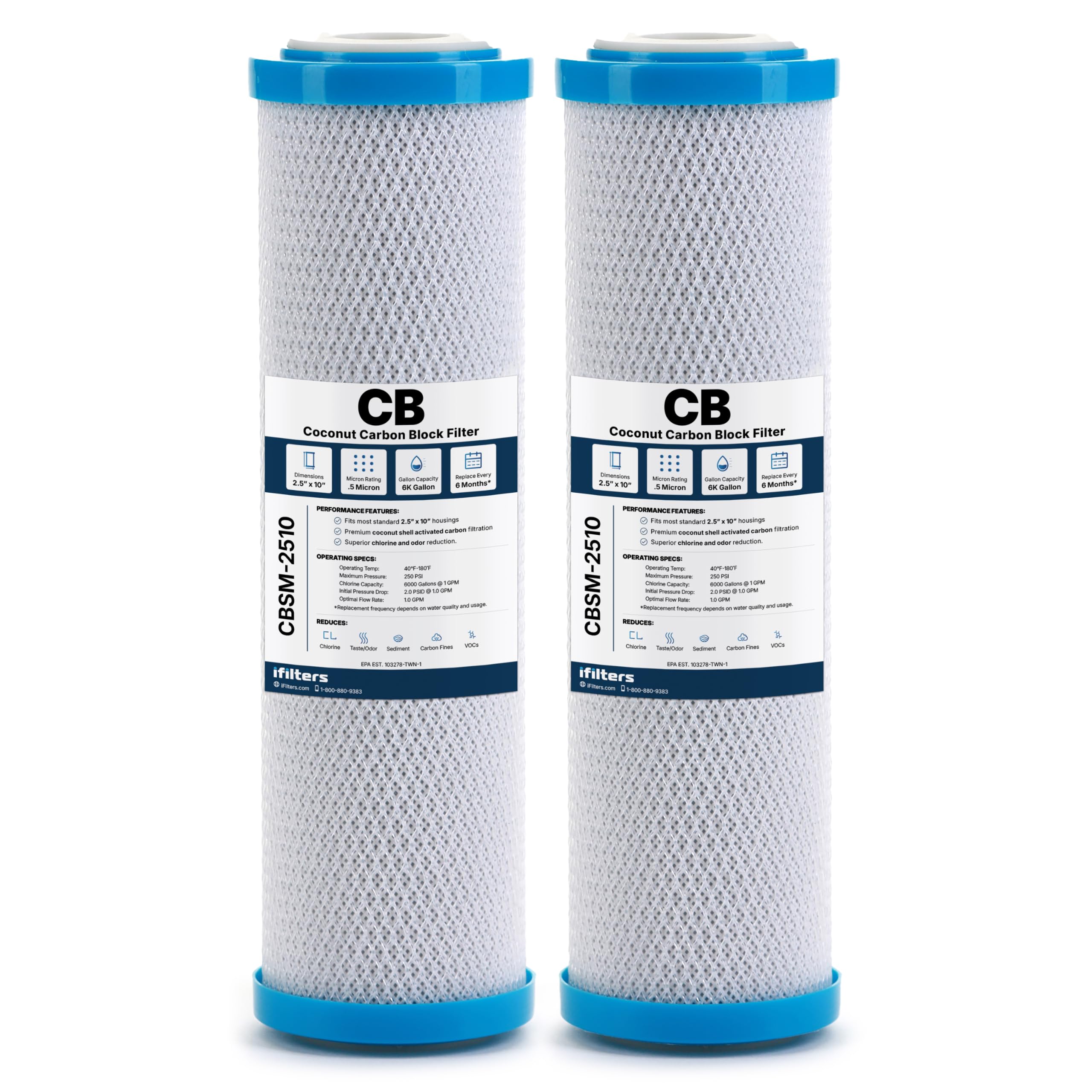 iFilters 0.5-Micron Carbon Block Water Filter – Coconut Shell CTO Drinking Water Filter Cartridge – 10-inch Replacement for Filtration Systems – Reduces Odors, Chlorine Taste – 2.5" x 10" (2 Pack)-image-41
