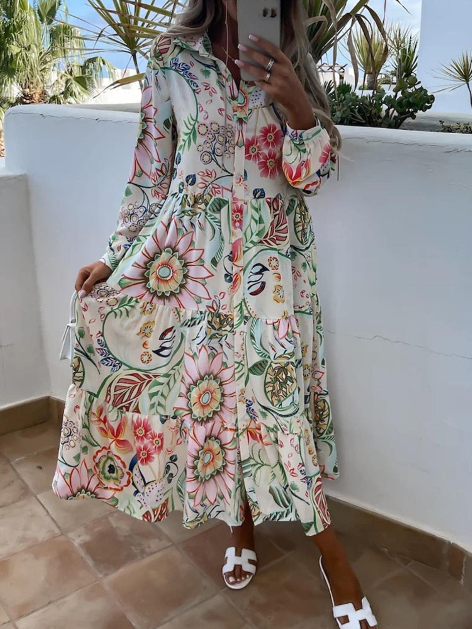 SUYGGCK Letnie sukienki dla kobiet moda wywijany kołnierz guziki długa sukienka eleganckie koszule z nadrukiem kwiatowym sukienka wiosna lato na co dzień luźna sukienka z długim rękawem - 01 biała, XL