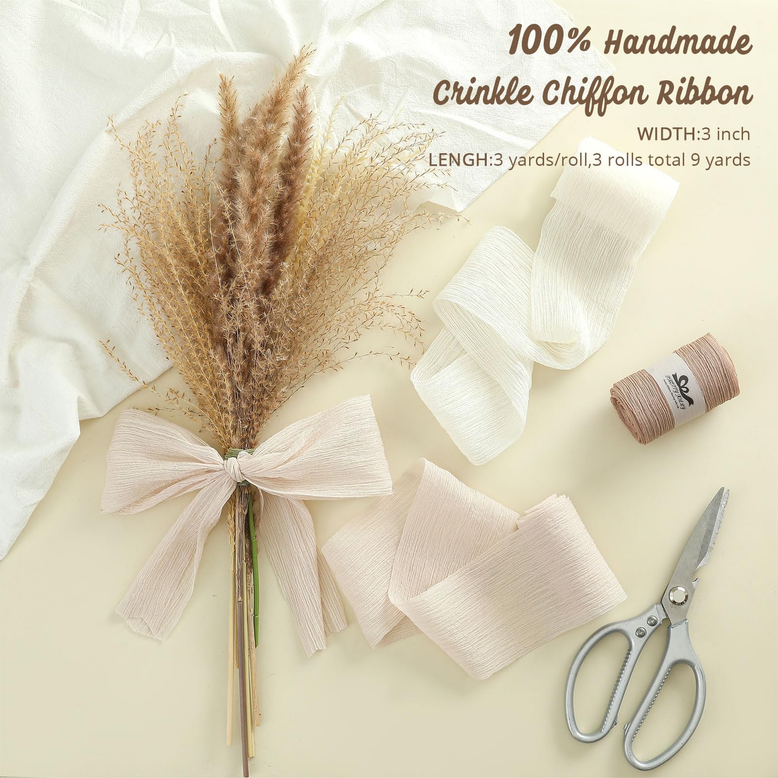 Pretty Jolly Crinkle Chiffon Ribbon for Flower Bouquet 3 Inch White Tulle Ribbon for Gift Wrapping Handmade Silk Ribbon 9 Yards Double Faced Ribbons for Crafts Hair Wedding Invitation Baby Shower - Image 2