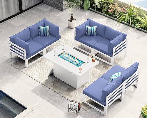 Miniatura 55 de NICESOUL 7 Piece White Powder-Coated Aluminum Patio Furniture with Fire Pit Table, 29 Inch Extra Wide Outdoor Sectional Sofa for 6, High-End Heavy