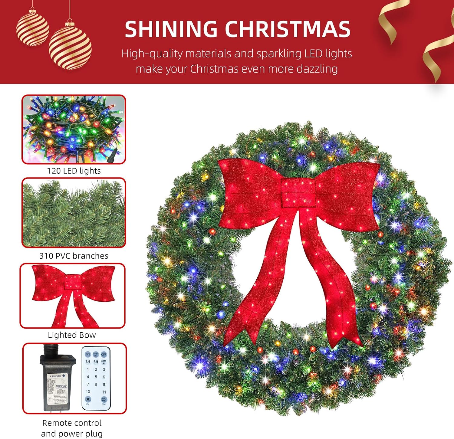 HOYECHI 36in Plug-in Christmas Wreath with Bow, 150 LEDs
