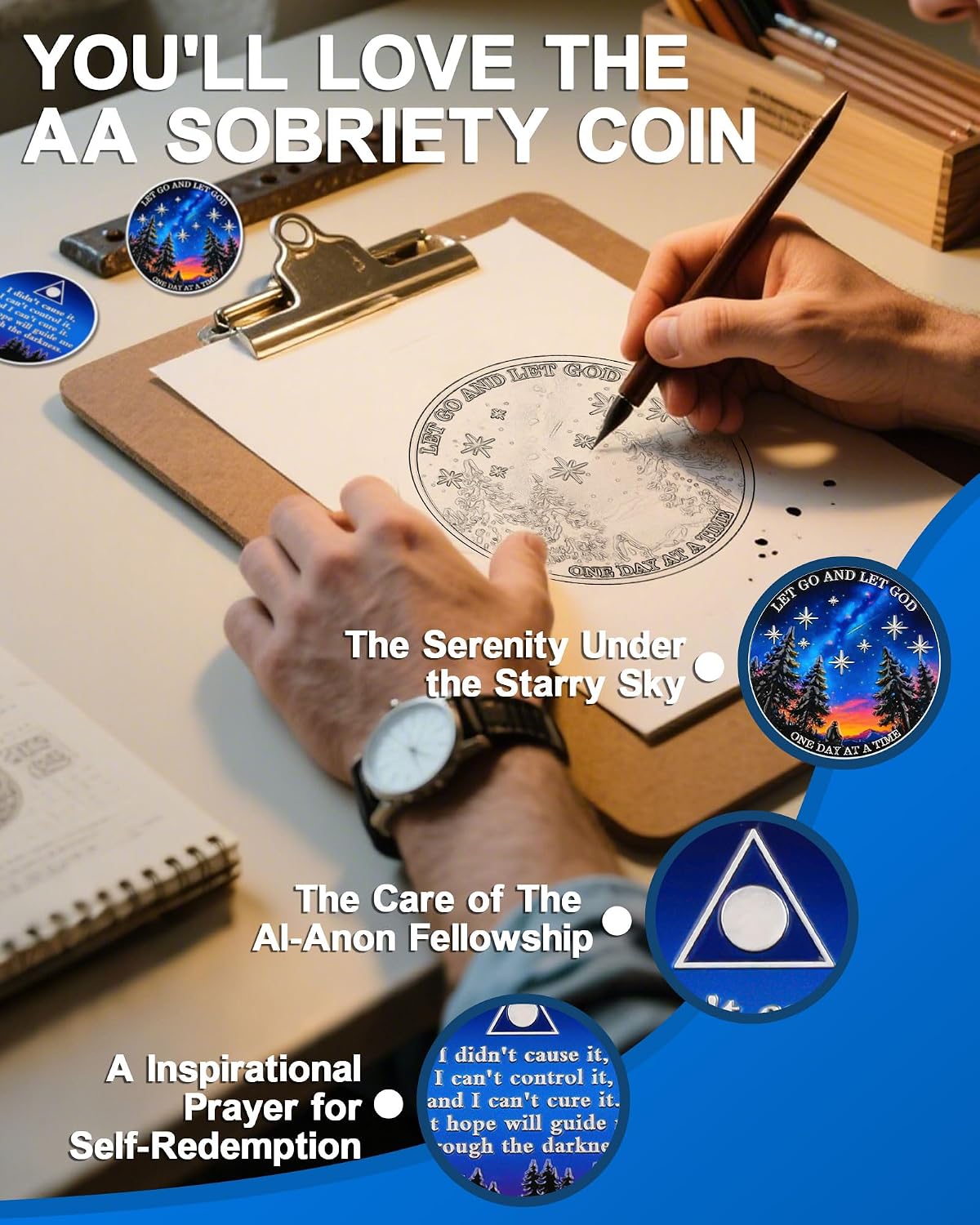 Al-Anon Sobriety Coin | Staring at Shooting Stars and Quotes Design - Recovery Medallion for Self-Care and Spiritual Healing - Sobriety Gift for Family Groups and Alateen