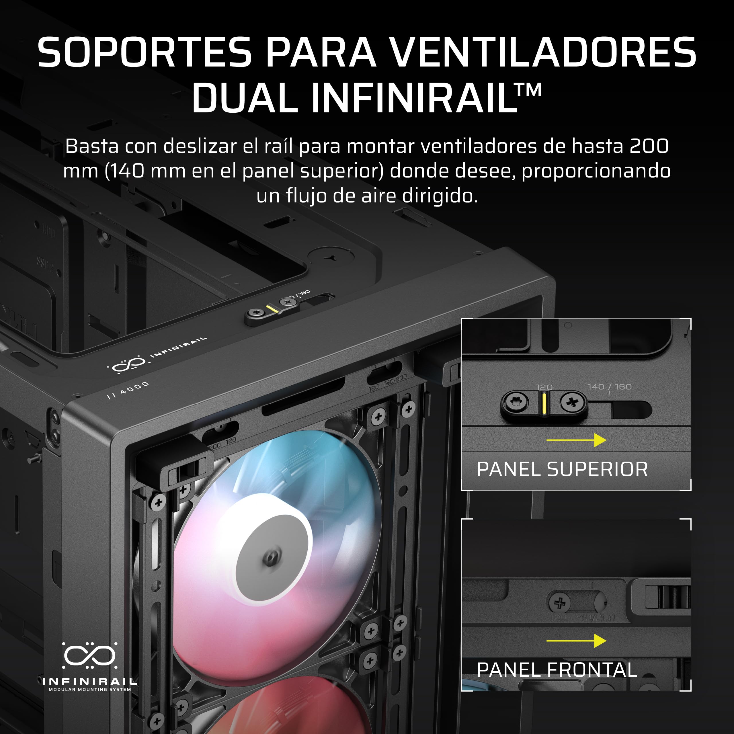 CORSAIR Frame 4000D LCD RS ARGB Chasis para PC Modular ATX Semitorre – Pantalla Táctil LCD XENEON Edge, Sistema de Montaje de InfiniRail, 4 Ventiladores RS120 ARGB PWM – Negro | Pantalla táctil modular XENEON EDGE LCD, sistema de montaje del ventilador In