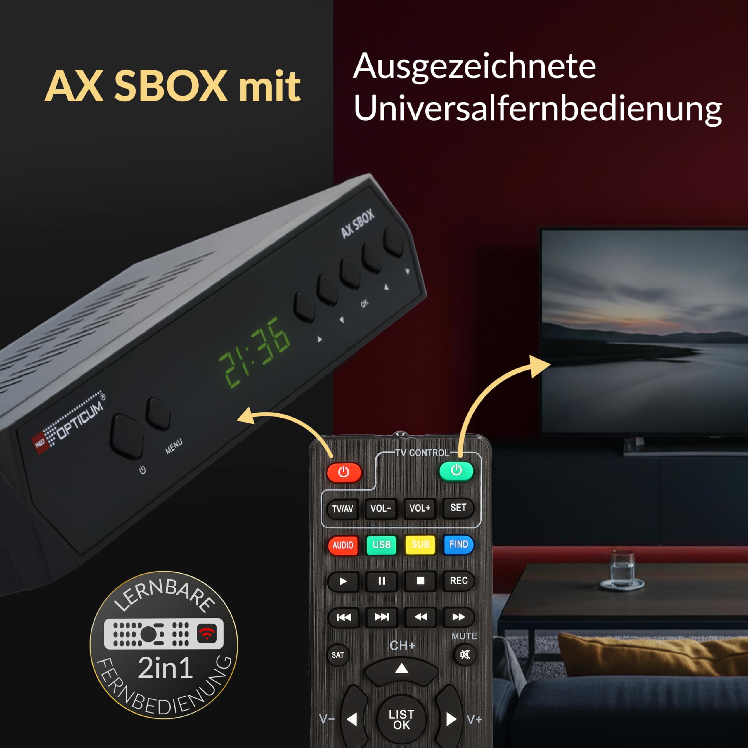 RED OPTICUM HD Sat Receiver für Satellitenschüssel mit Aufnahmefunktion S-Box PVR - Timeshift, HDMI, SCART, USB, Coaxial - Digital TV Receiver für Satelliten/Satellit + HDMI Kabel