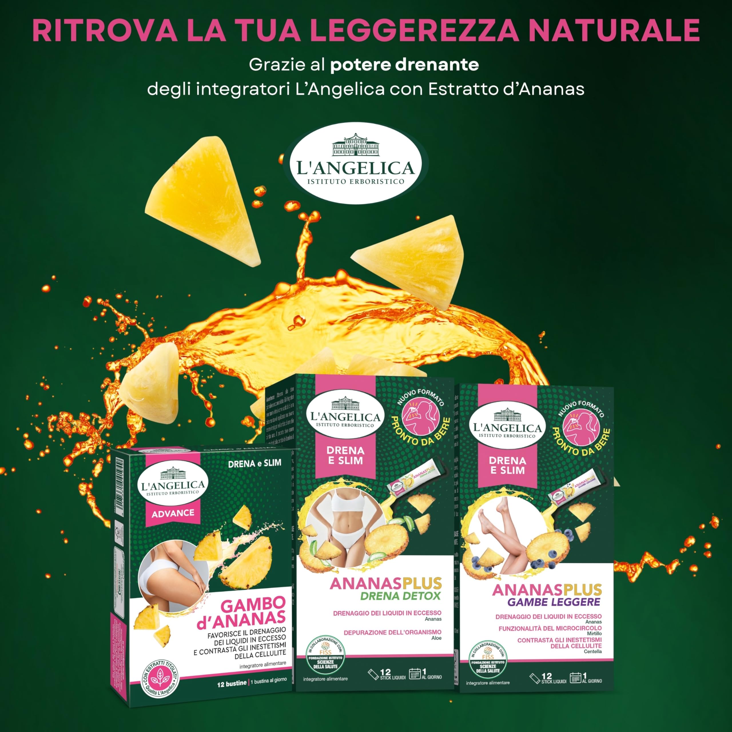 L'Angelica Integratore Ananas Plus Gambe Leggere, Drenante per Favorire la Circolazione, Integratore Anti Cellulite Drenante, Gusto Ananas, 12 Stick Liquidi Pronti da Bere