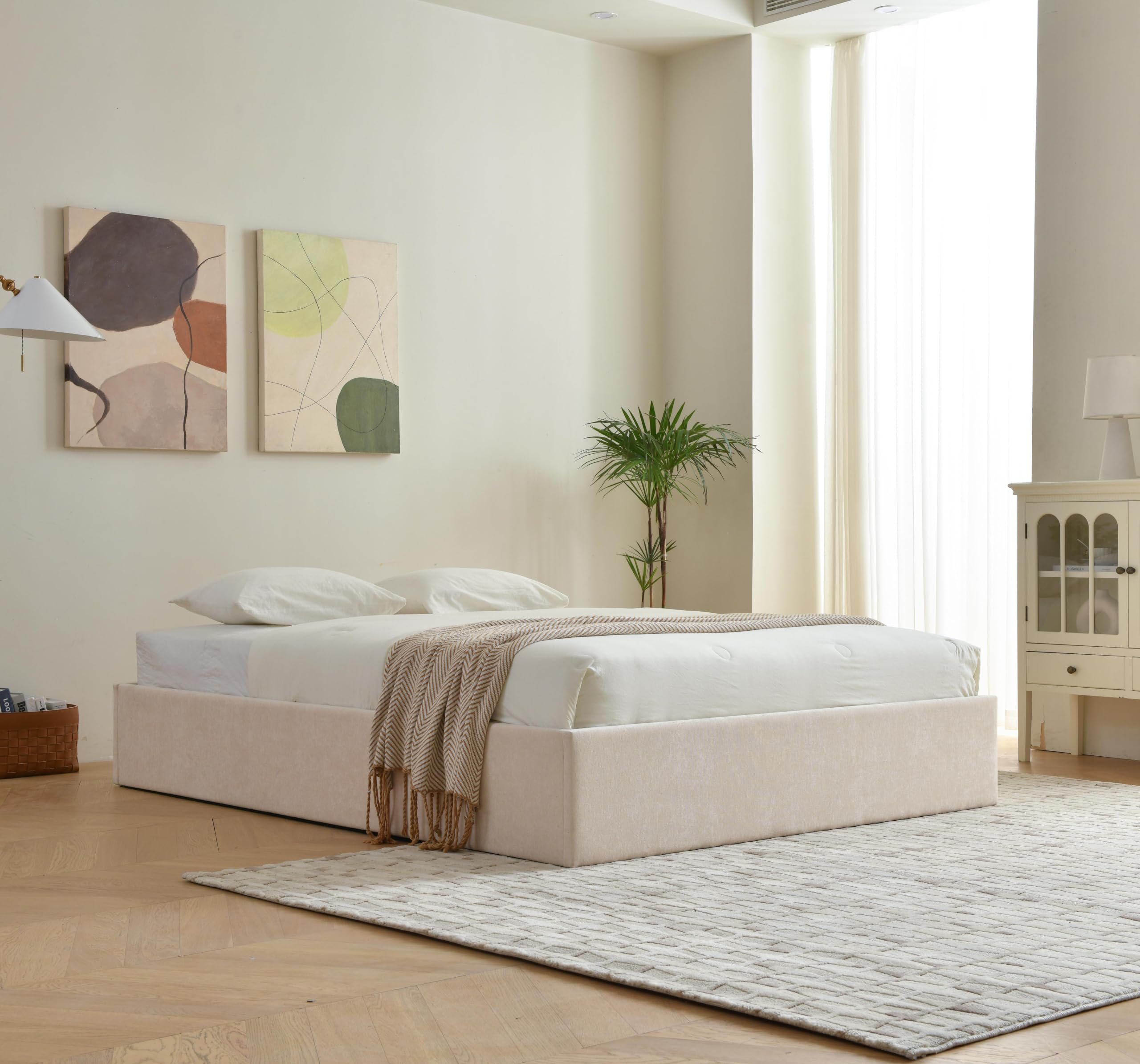 Hydraulic Lift up Upholstered Storage Bed with Large Storage Space, No Headboard Design for Bedroom Beige, Queen