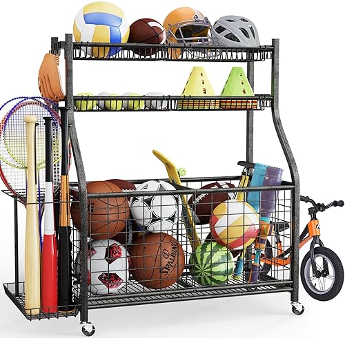 Organizador de equipos deportivos de garaje, almacenamiento de pelotas con cuatro cestas y seis ganchos, organizador deportivo para garaje,