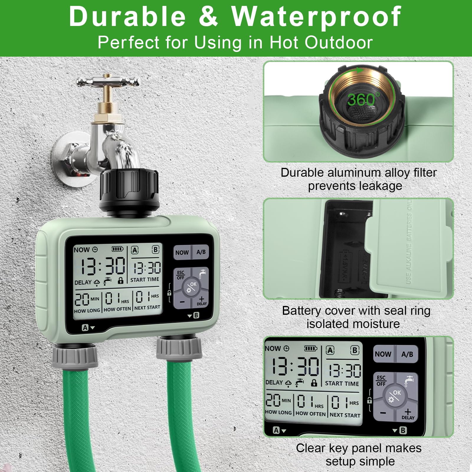 Programmateur Arrosage Automatique/Manuel 2 Voies,Minuterie D'irrigation de Jardin,Connecter la Minuterie du Robinet avec Retard de Pluie/Mode de Verrouillage Enfant/Étanchéité IPX5 /Grand écran LCD