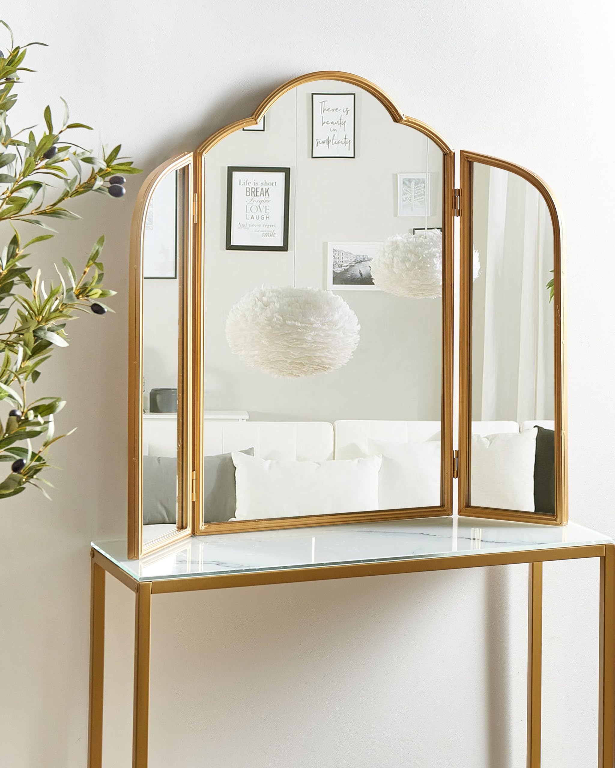 Beliani Faltbare Tischspiegel mit Zwei Flügeln Faltbare Make-up-Spiegel 87 x 77 cm Gold Savilly