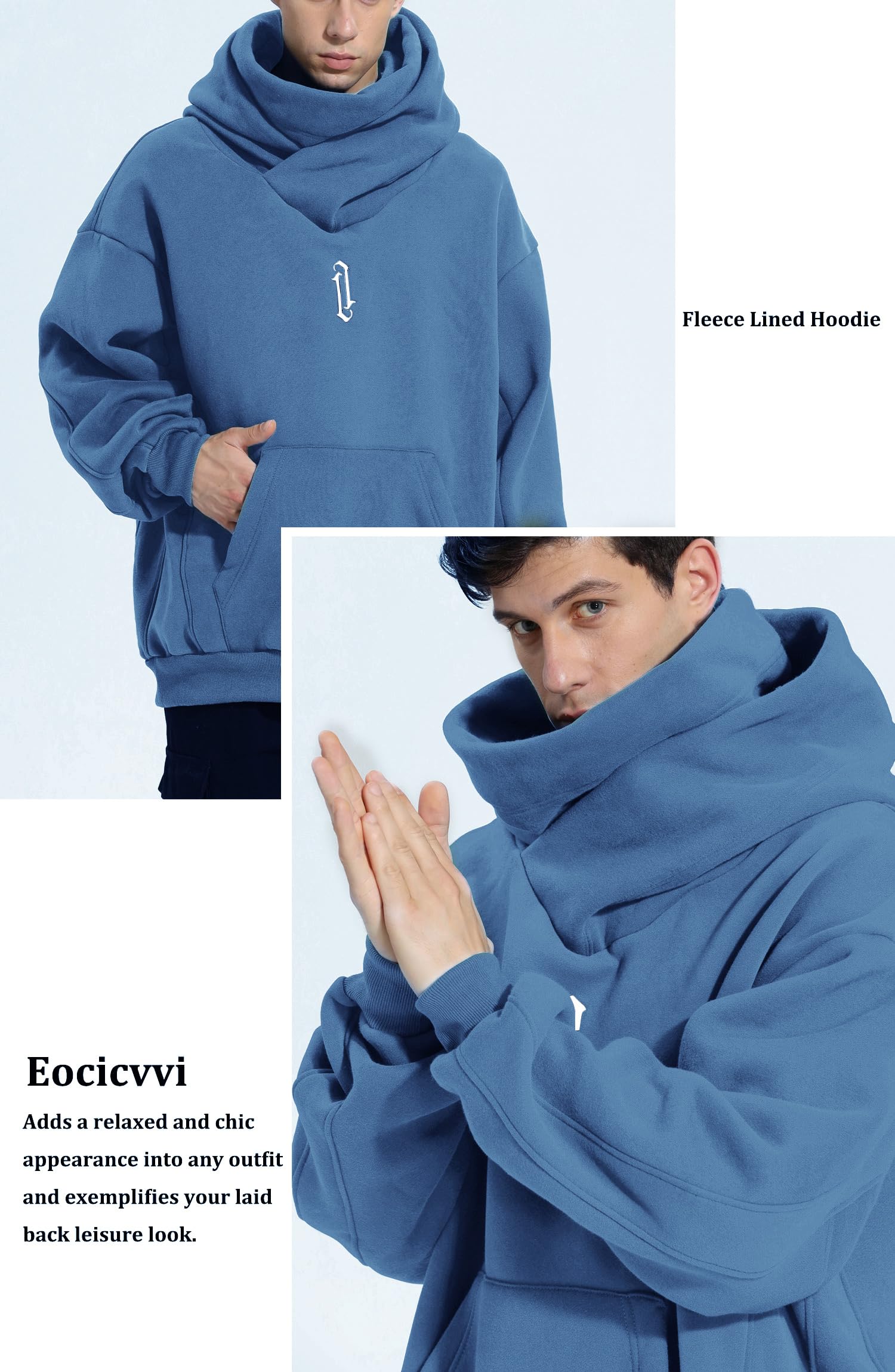 Eocicvvi Felpa Uomo con Cappuccio Collo Alto Pullover Hip Hop Stile Comoda Felpe Pile Hoodies Autunno Invernale Moda