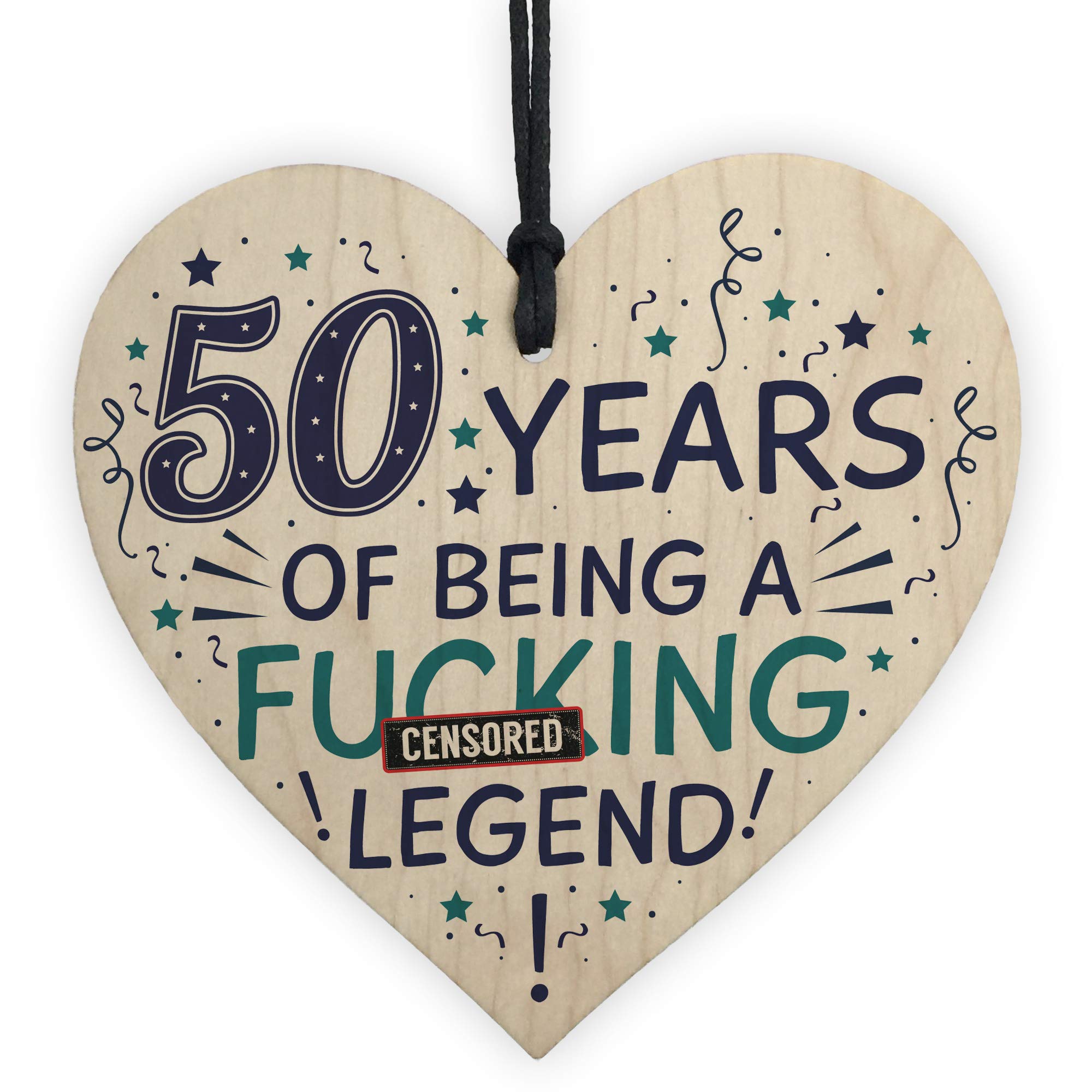 RED OCEAN 50th Birthday Funny Rude Gifts For Women Men Handmade Wooden Hanging Heart Keepsake For Friend Brother Mum Dad Uncle Auntie
