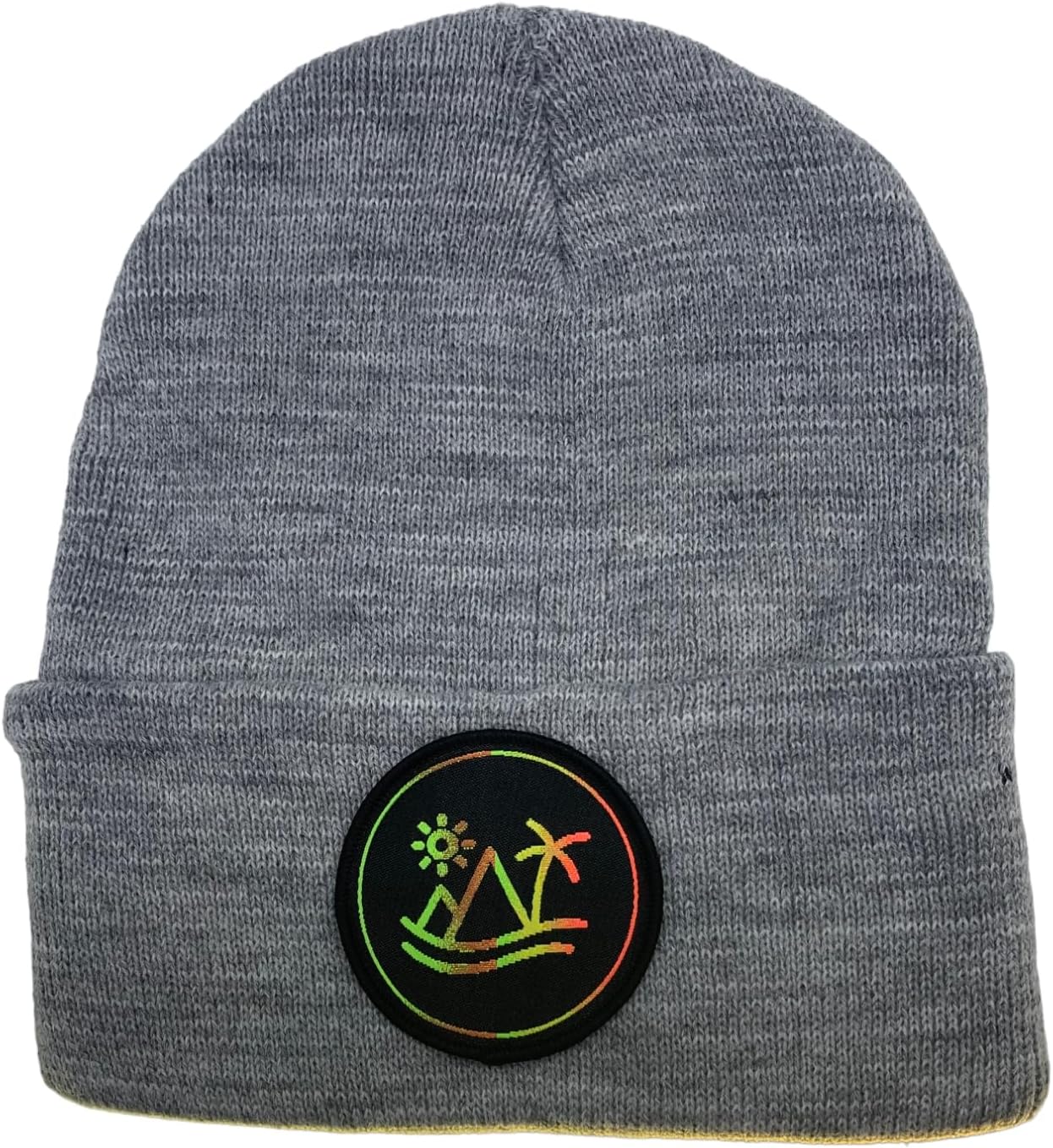 Retro Beach & Mountain Beanie - Sunset Gradient Patch Knit Cap - Warm Winter Tropical Outdoor Gift | Unisex Surf Snow Hat