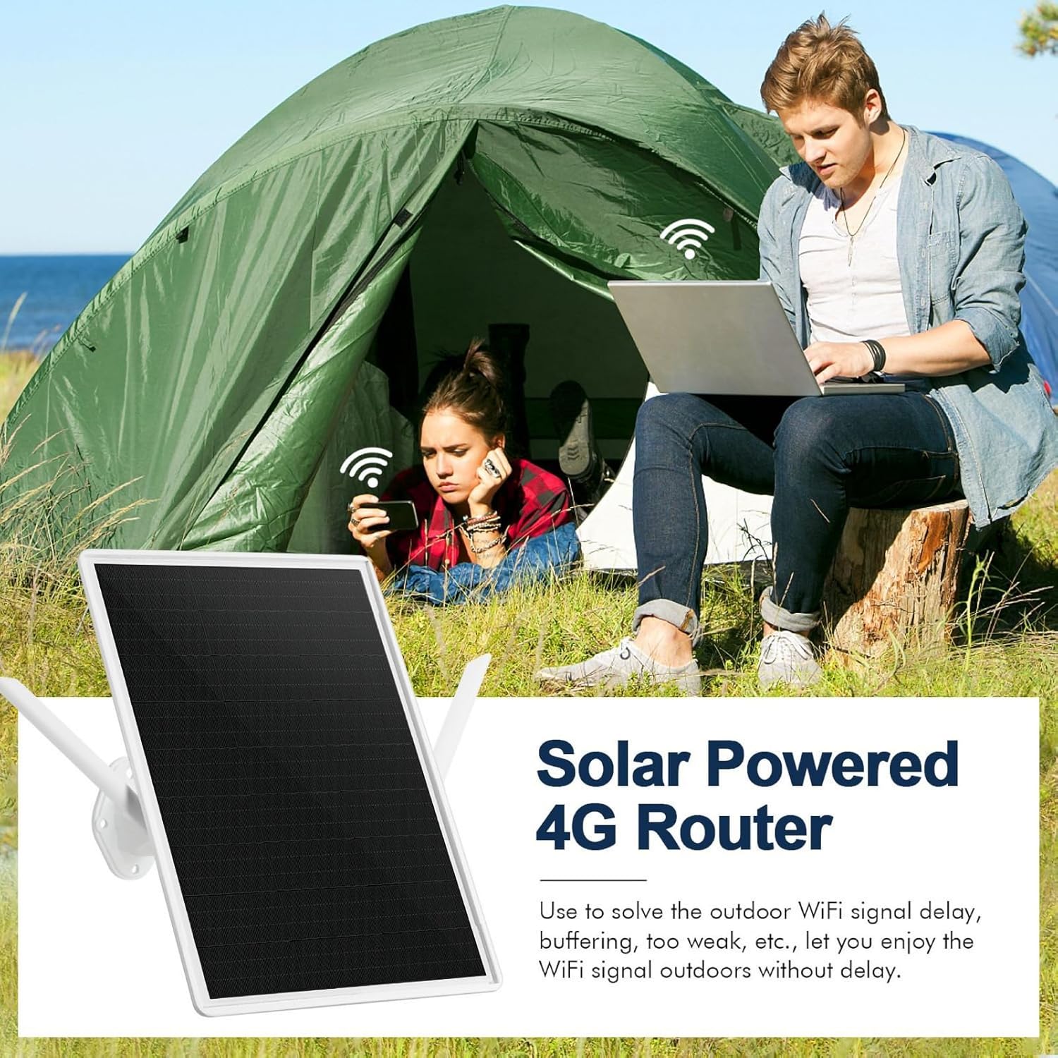 Bewinner Solar Powered 4G Router providing WiFi to users camping outdoors.