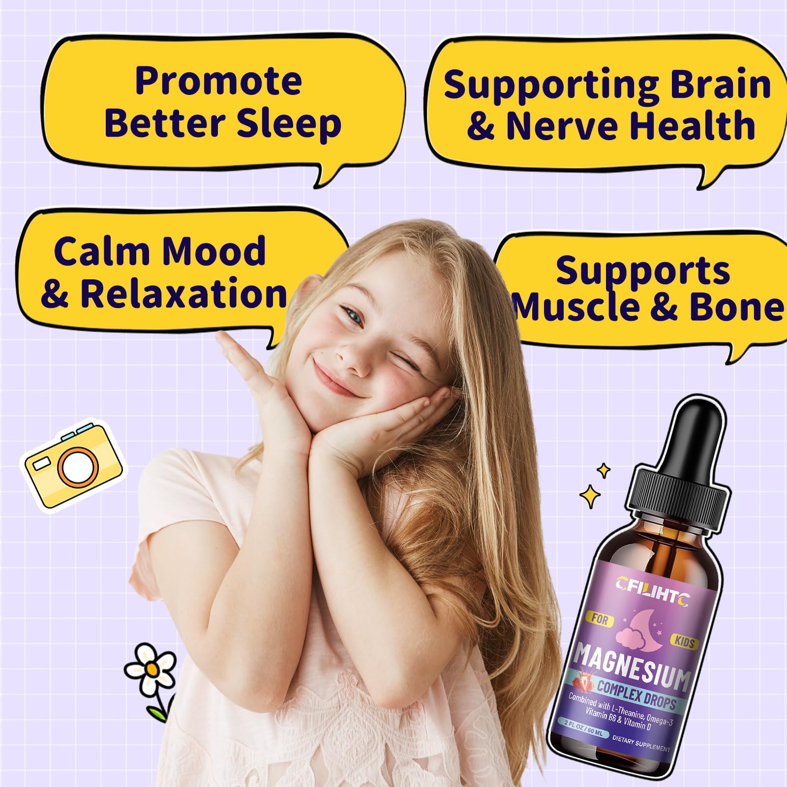 Kids Magnesium Liquid Drops-Magnesium Glycinate Liquid for Kids Supplement-w/L-theanine, Omega-3, Vitamin B6, D3 - for Sleep, Relaxation, Brain, Bones - 4 Fl Oz Children's Calm — Amazon image 5