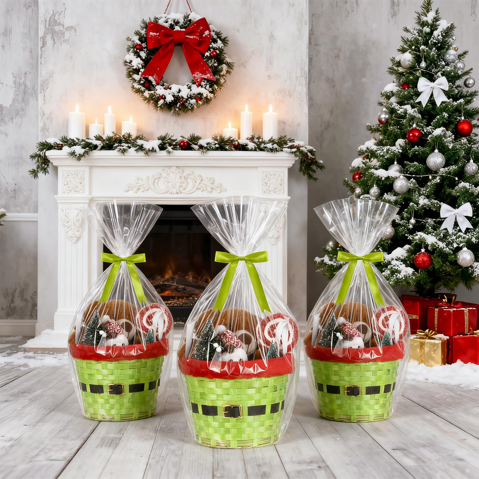 Threehoney Geschenkkorb für Weihnachten, leer, Bambuskorb, Korb mit Tasche und Schleife, Weihnachtsgeschenke für Damen und Herren, Aufbewahrungsgeschenk, Snack-Skep mit Griff für Weihnachtsdekoration