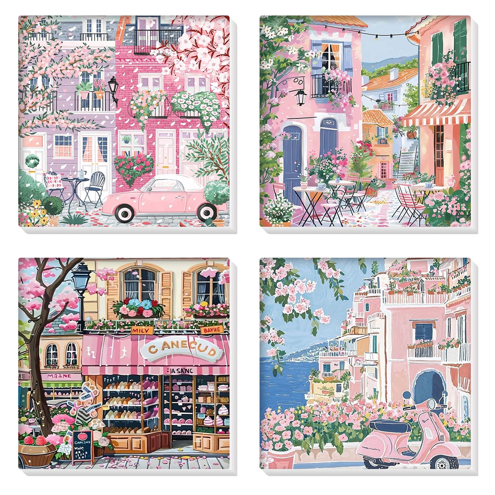 HEIBAGO Framed Paint by Numbers for Audlts Beginners, 4 Pack Landscape Paint by Numbers Canvas, Audlt DIY City Oil Paint by Numbers Kits, Flowers Painting Art Craft for Home Wall Decorate 8×8 inch