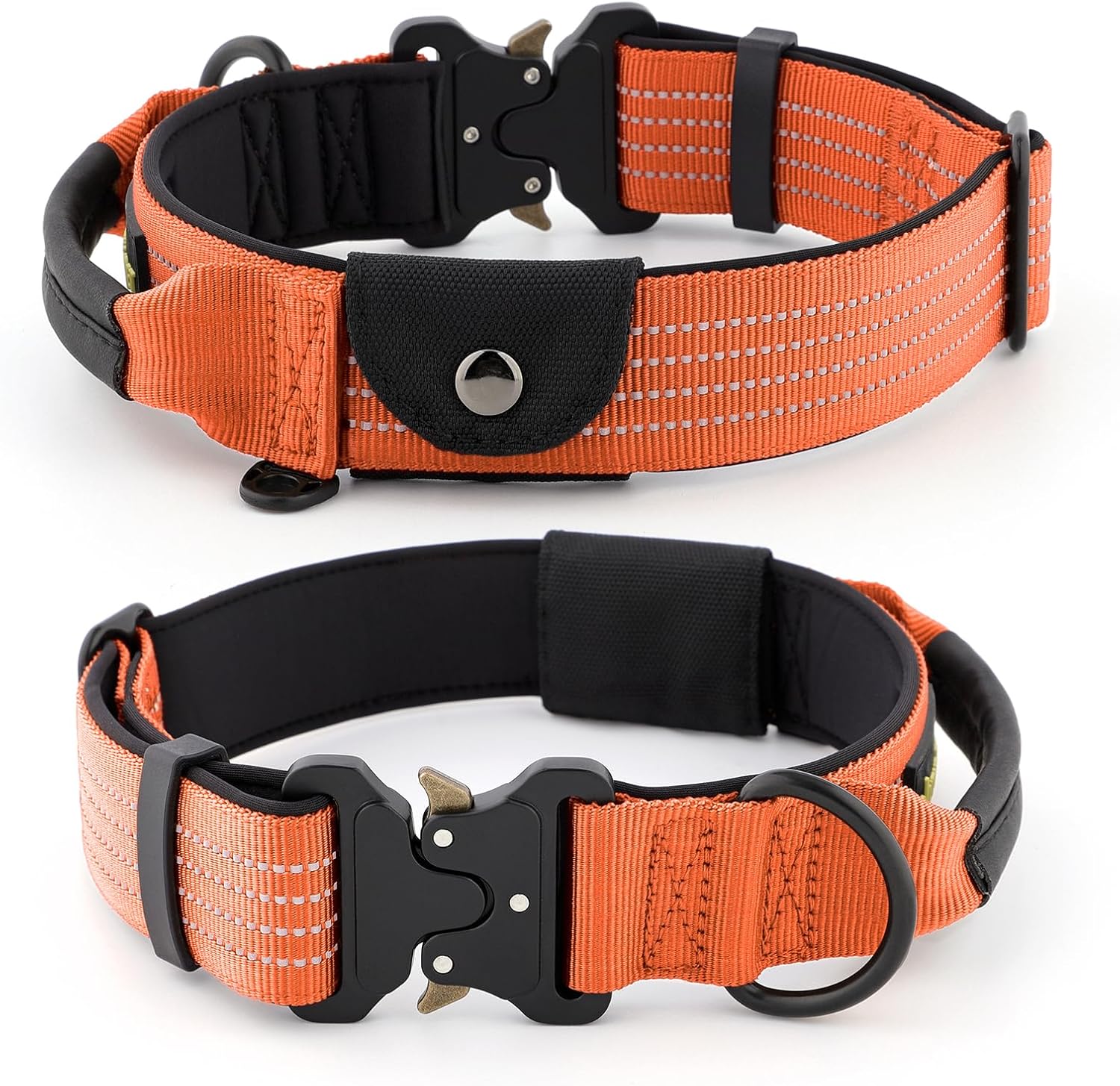 Plutus Pet Tactical Dog Collar with Tracker Pocket for AirTag, Adjustable Reflective Nylon Collar, Metal Buckle, Leather-Wrapped Handle, Soft Padded for Medium Large Dogs (Orange, M) - Image 2