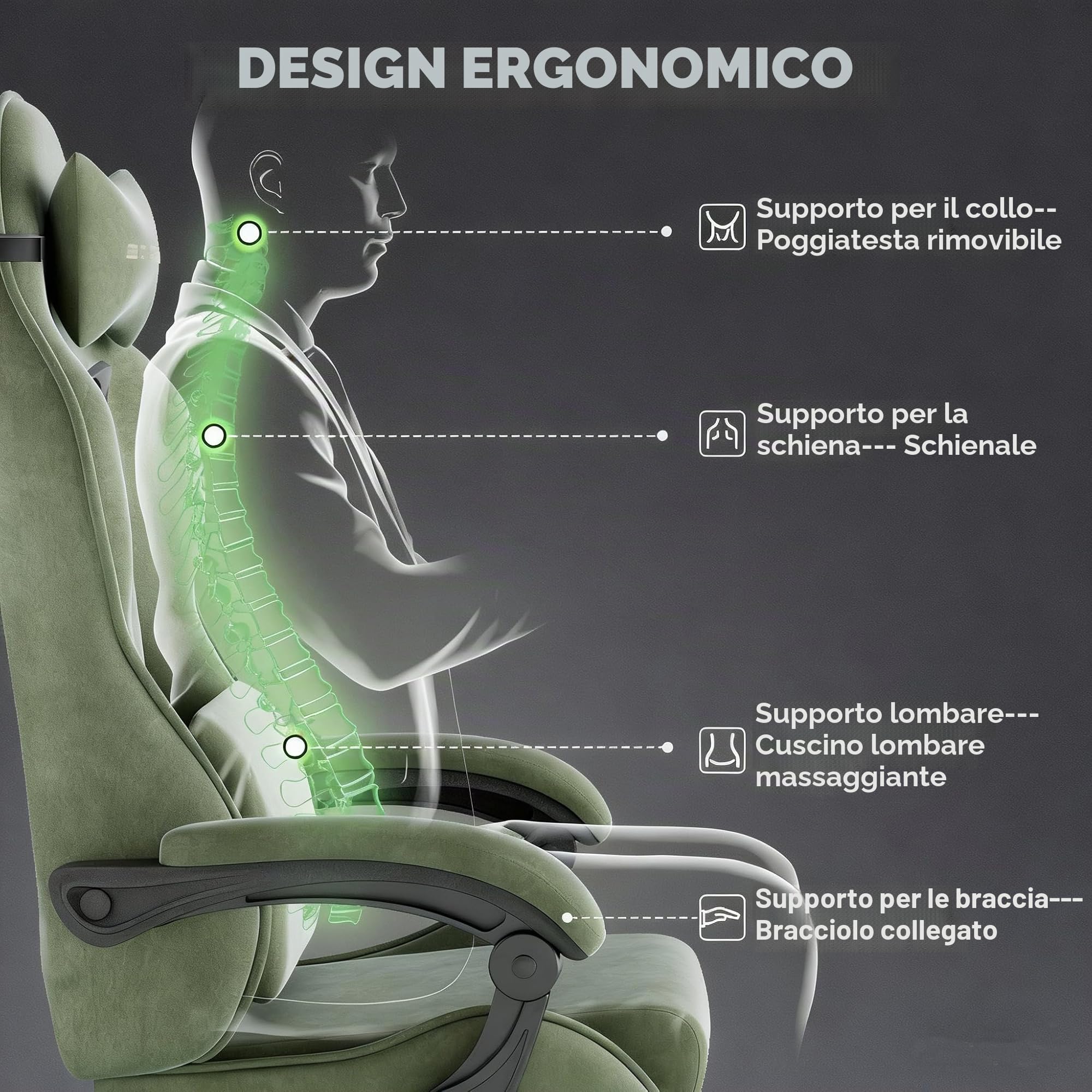 Huracan Sedia da gaming con massaggio lombare, Sedia da Gamer ergonomica, in tessuto di velluto, Poltrona da Gaming con poggiatesta regolabile e cuscino lombare, poggiapiedi, verde