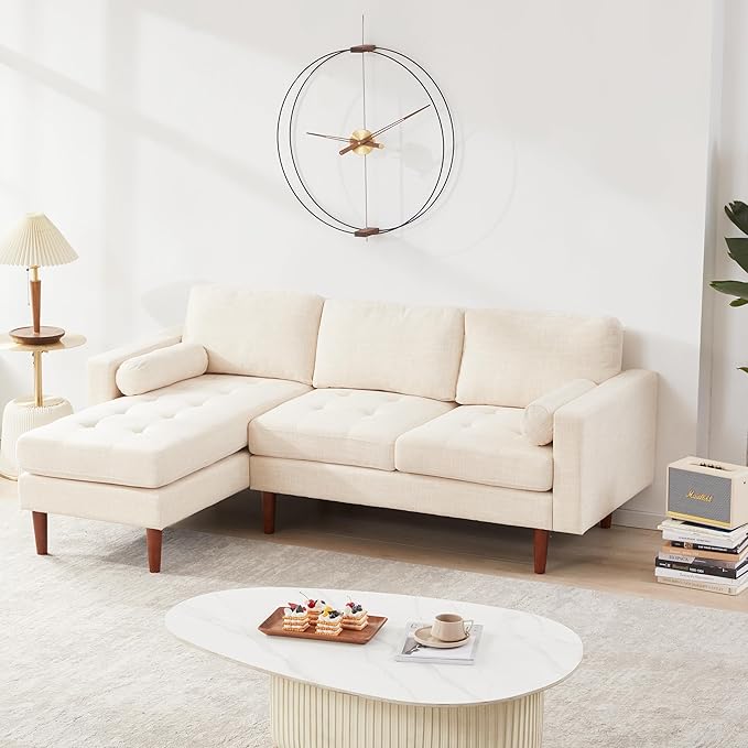 Tbfit 80" W Sectional Couch Sofa, L Shaped Couch with Reversible Chaise, Mid Century Modern Linen Fabric Couches for Living Room Apartment Small Space, Convertible Sofa with Tufted Seat Cushion, Beige