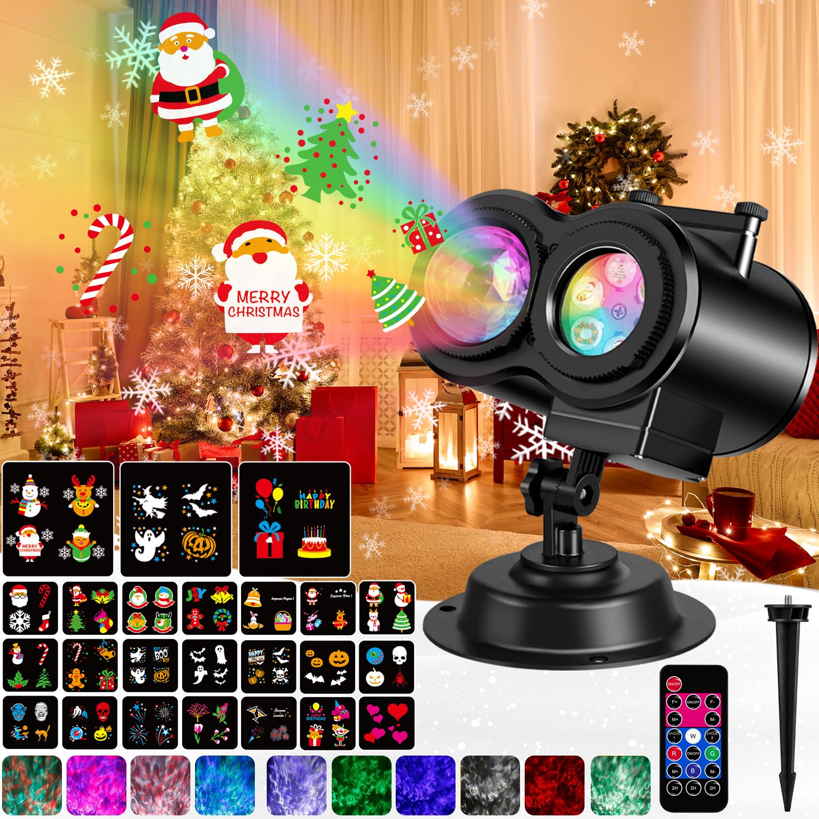 Proyector LED de Navidad, Laliled 2 en 1 lámpara de proyección exterior para Navidad y Halloween con 24 motivos, 10 colores de onda de agua, mando a distancia y temporizador, lámpara de proyección