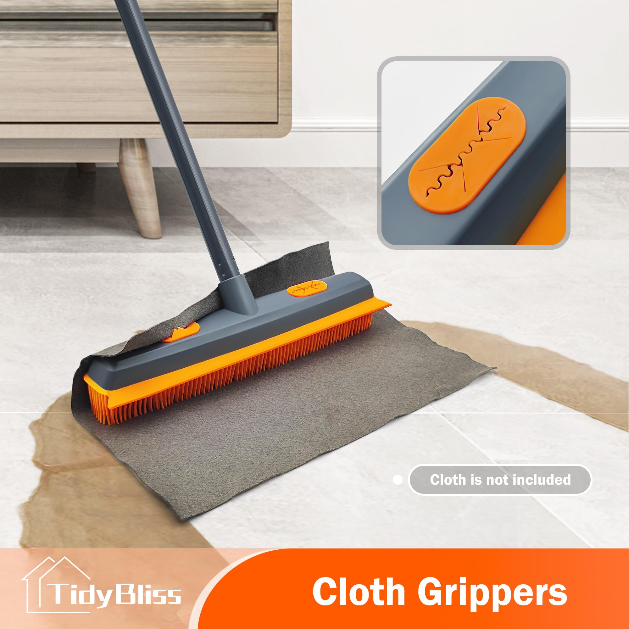 TidyBliss Scopa in Silicone per Pavimenti, Spazzolone Gomma con Tergicristallo, Manico Lungo 146 cm per Pulizia di Tappeti Finestre Piastrelle Pavimenti in Legno Duro (Arancione)