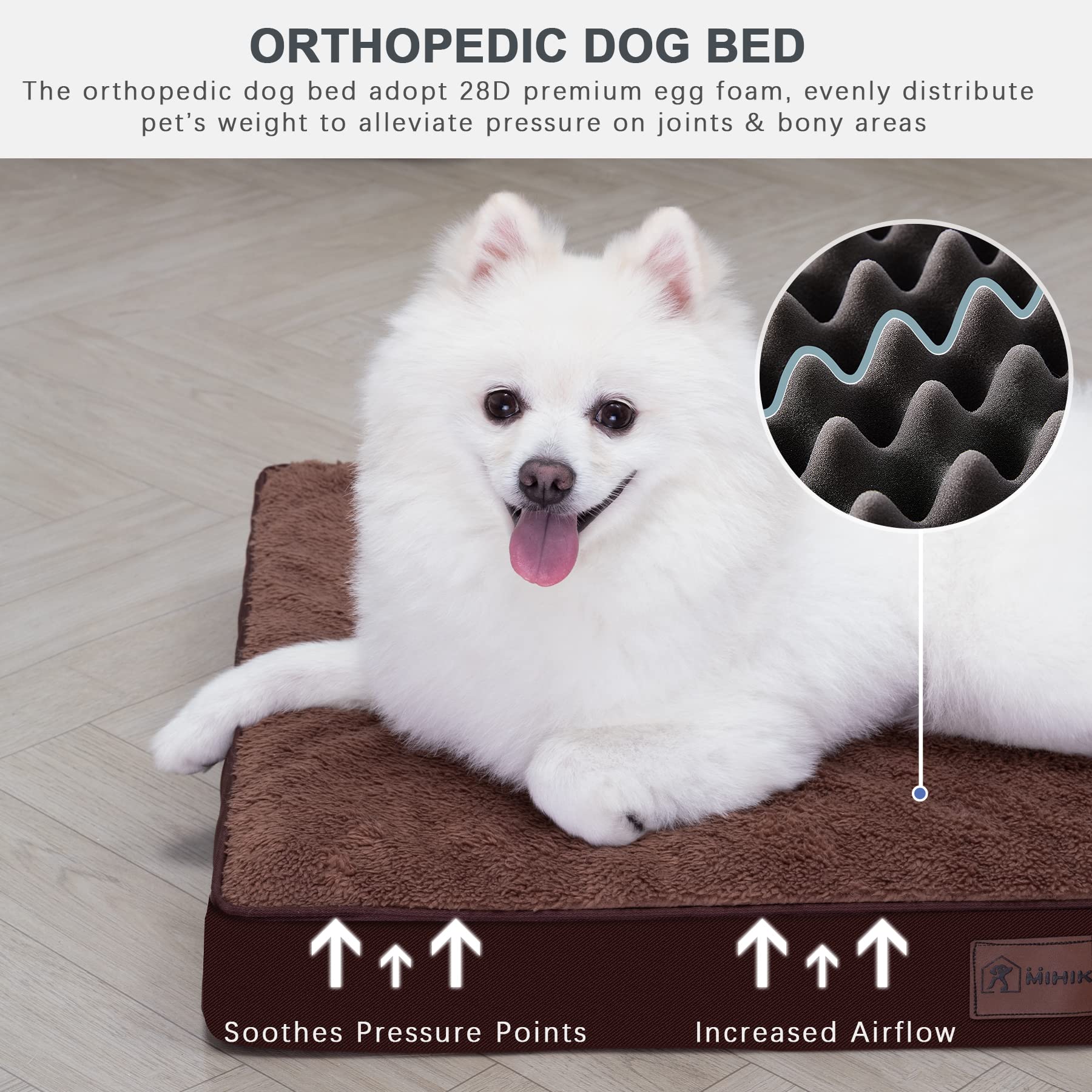 MIHIKK Orthopedic Dog Bed Waterproof Dog Beds with Removable Washable Cover Anti-Slip Egg Foam Pet Sleeping Mattress for Large, Jumbo, Medium Dogs, Brown, 30 x 20 Inch