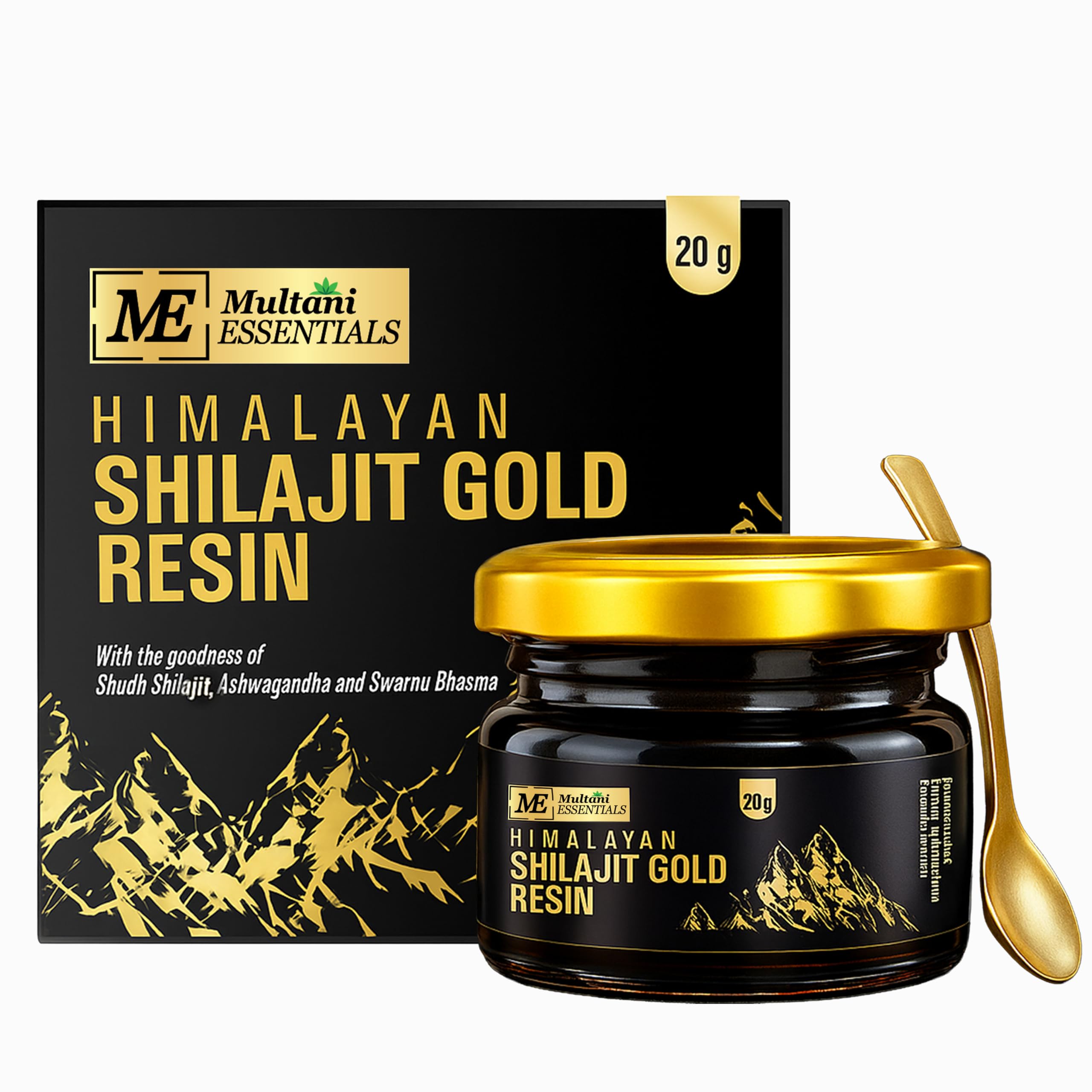 Multani Essentials Himalayan Shilajit Gold Resin 20g with Ashwagandha, Safed Musli & Gold Extract | Stamina, Energy, and Power | Supports Rejuvenation | More Than 70% Fulvic Acid | 20 gm
