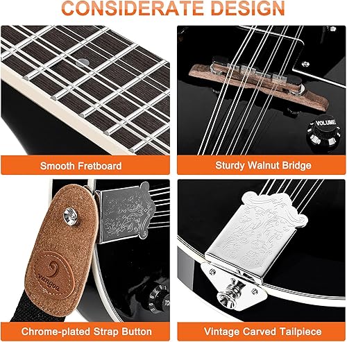 Vista 8 de Vangoa Instrumento de Mandolina de Caoba Eléctrico Acústico Estilo A, Mandolina Musical para Principiantes, Adultos, Adolescentes, Niños, Negro
