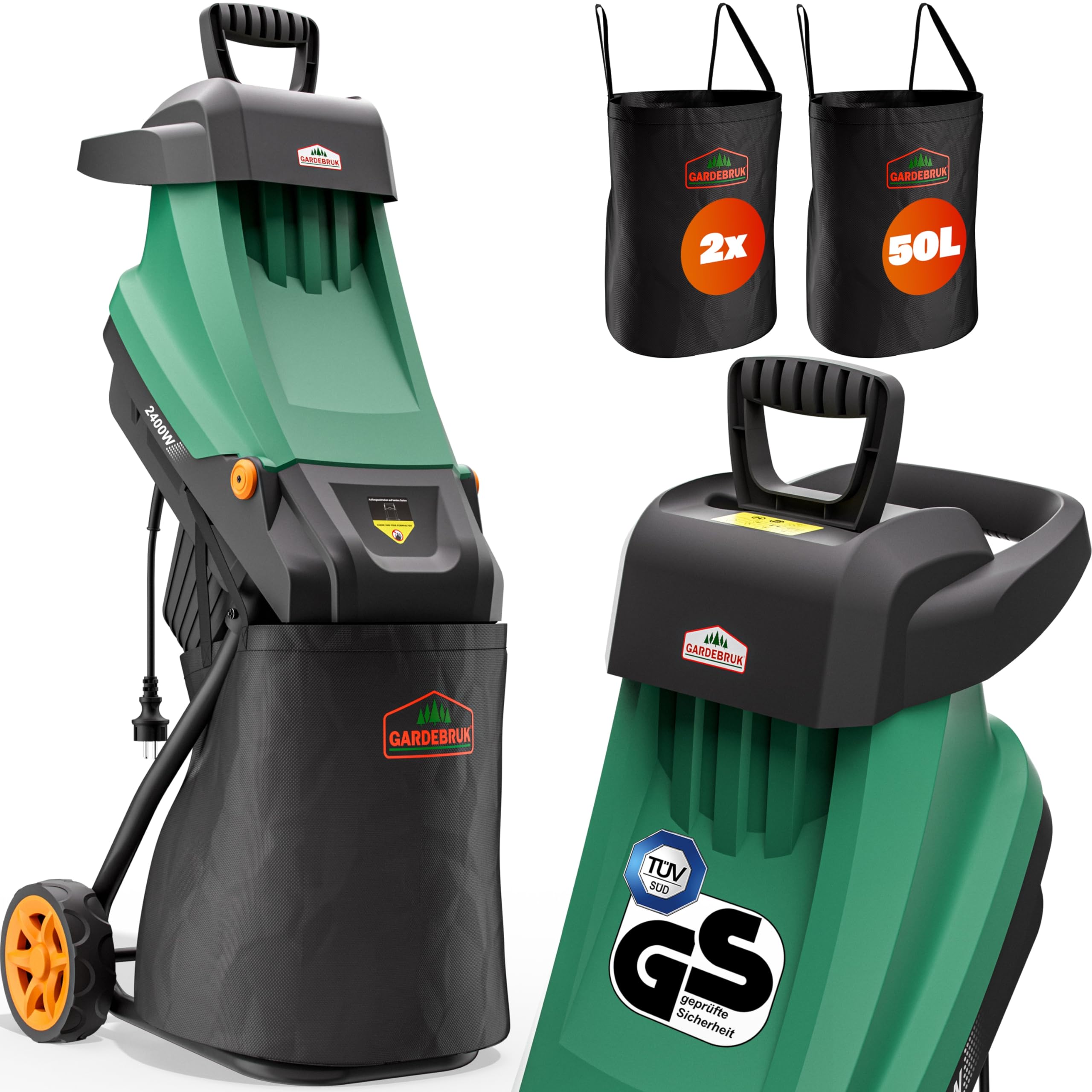 GARDEBRUK® Trituradora de Ramas Ø45mm, Triturador Electrico Jardin, Corta Troncos Leña, 2400W, Bolsa de Recolección 50L, Cuchillas de Acero, Residuos