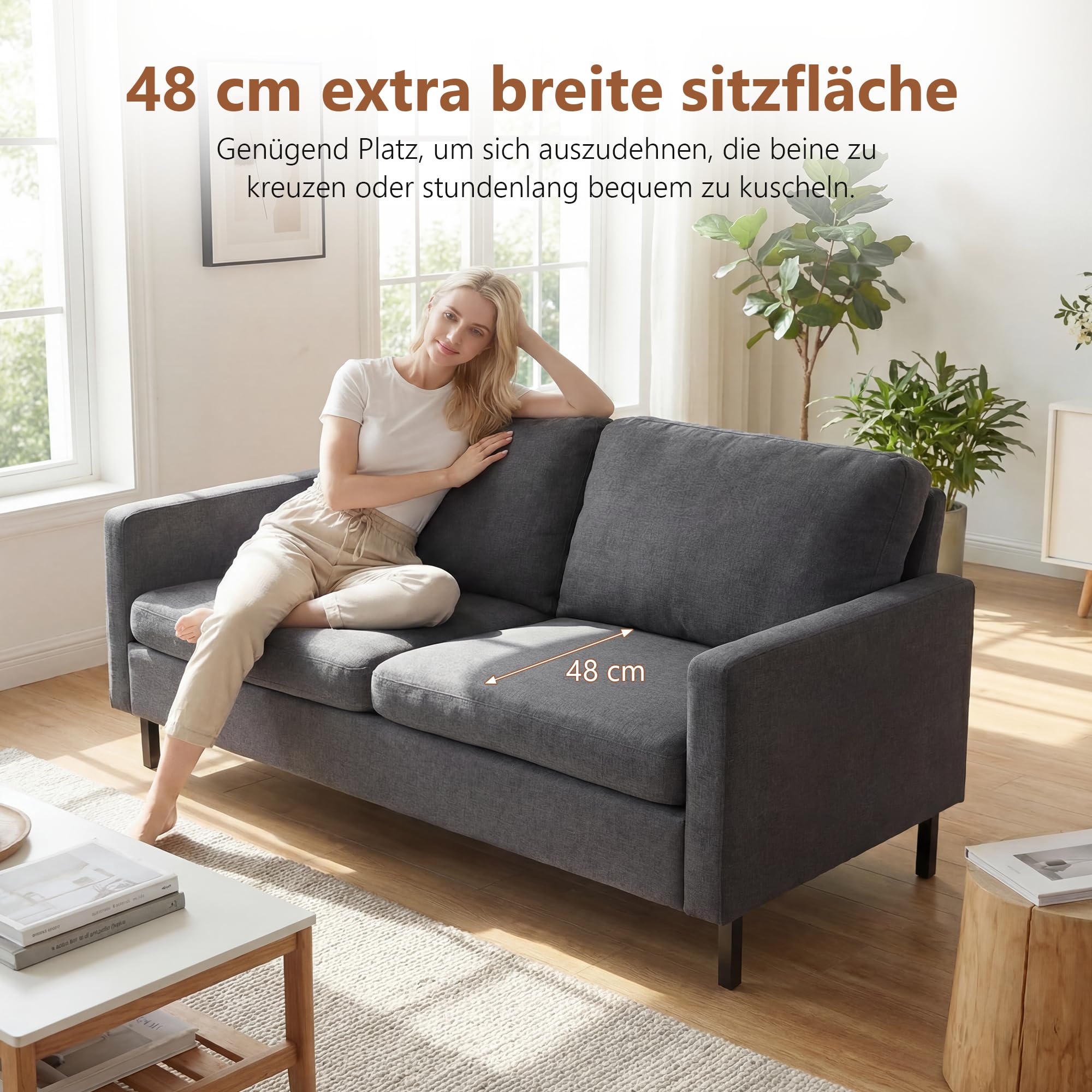 ROCSUMOO Kleines Sofa 2 Sitzer, 143 cm 2 er Couch (Dunkelgrau) | mit 2 USB-Ladeanschlüssen & Aufbewahrungstasche, Modernes Zweisitzer-Sofa, Kleine Wohnzimmer Couch