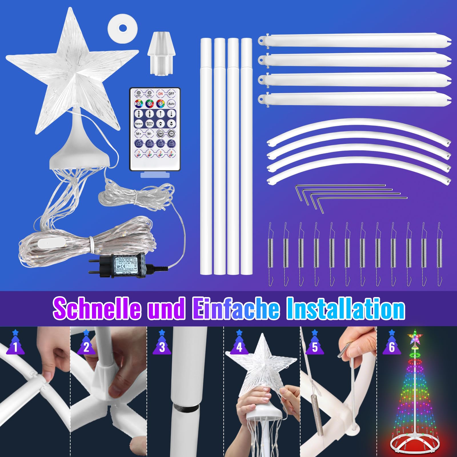 1.5M Luci Albero di Natale Smart con APP, 166LED Luci Albero Natale da Esterno con Stella,Conico RGB Multicolore,con Telecomando/APP per Decorazione Giardino e Balcone