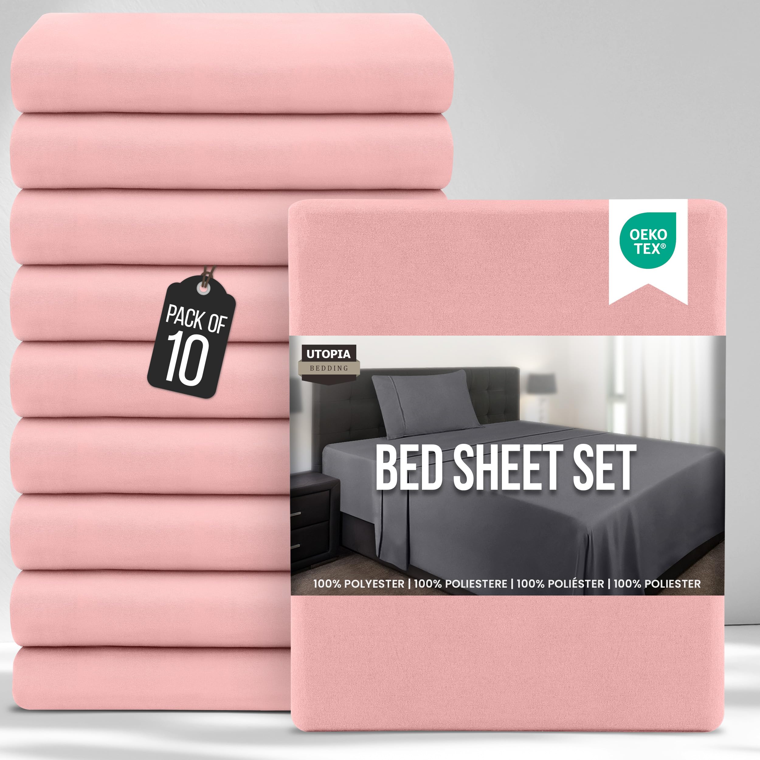 Utopia Bedding Bed Sheets Set Bulk Pack of 10 (Single, Pink) – Fitted Sheet, Flat Sheet with Pillow cases 50x75 – Wrinkle, Shrinkage & Fade Resistant – Soft Brushed Polyester Microfiber Fabric — image 1