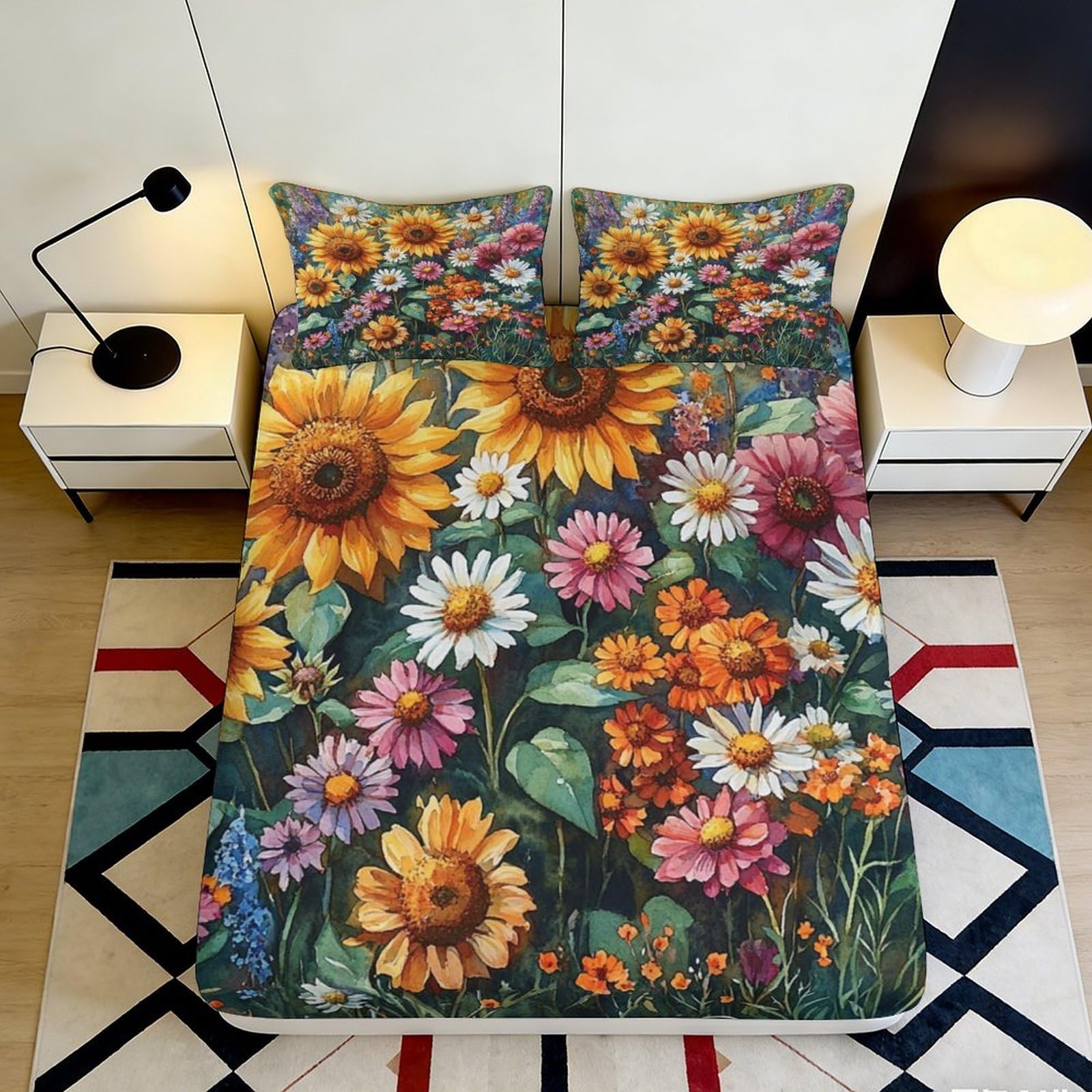 3D Printed Sunflower Floral Fitted Sheet Microfiber Deep Pocket Bedding Set Sunflower Floral Mattress Fitted Cover Full Wrap Washable 140x200x25cm