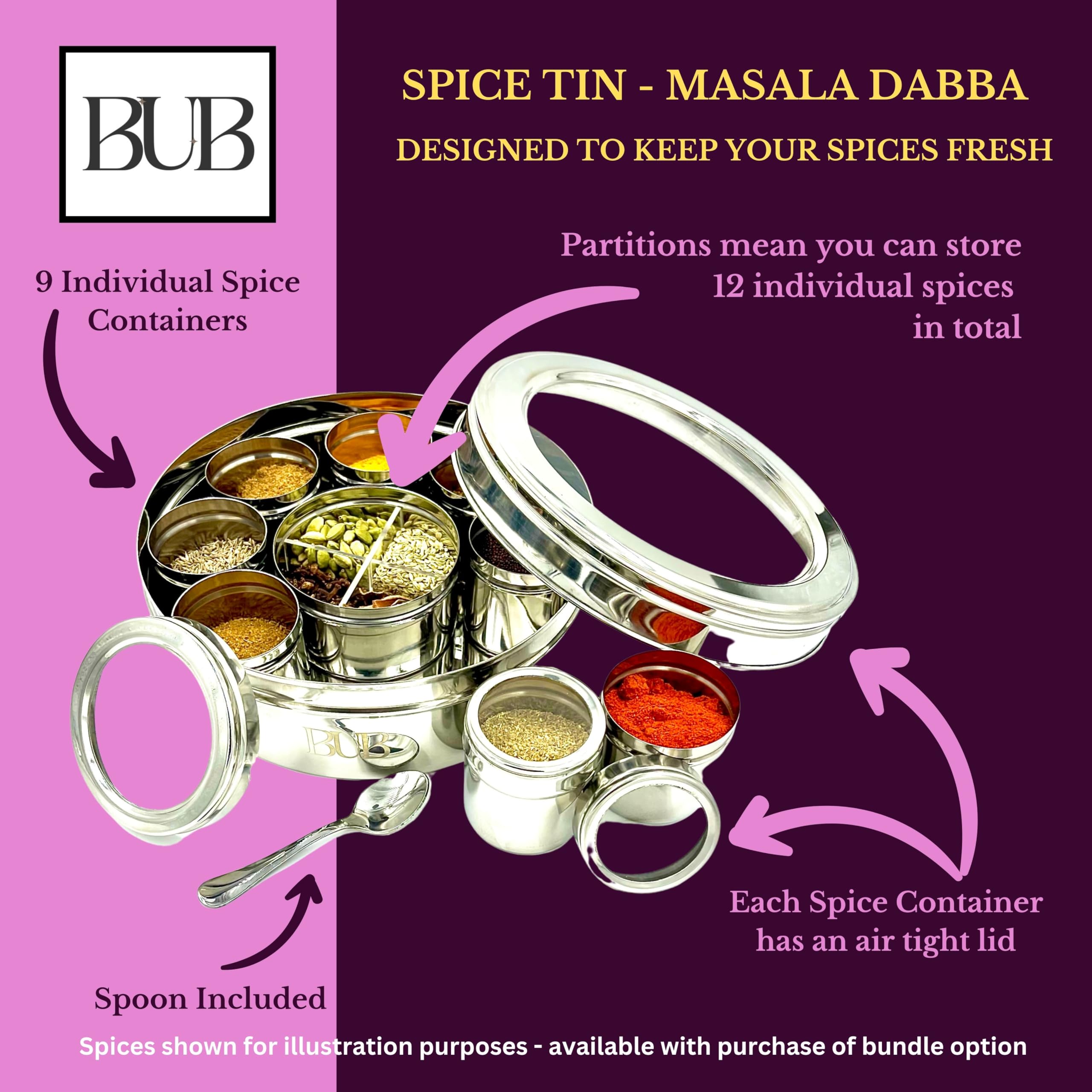 Bub: Large 22cm Premium Spice Tin Masala Dabba, Silver, 22 cm - Image 2