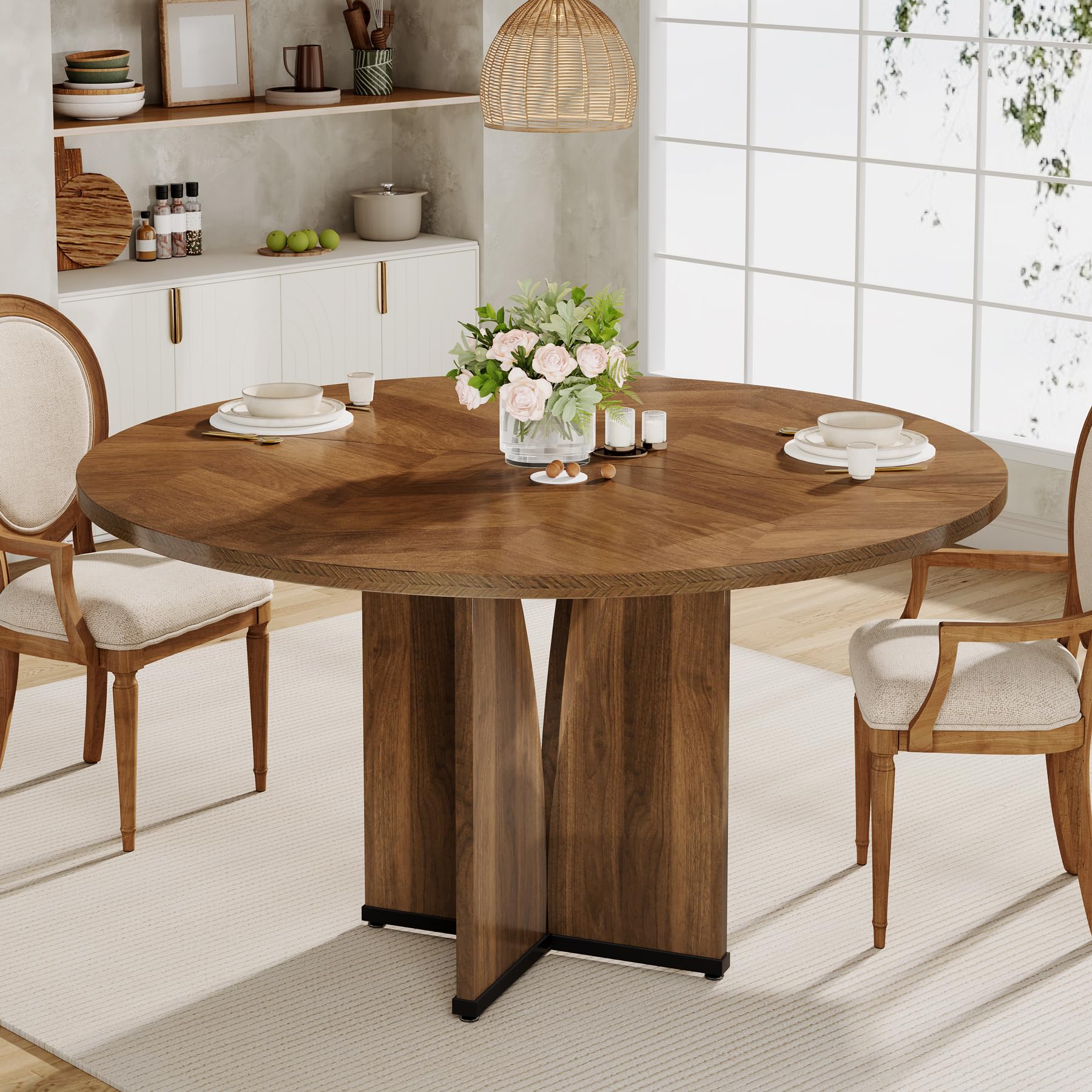 Tribesigns Round Dining Table, 39.37" Wood Kitchen Table for 4 People, Farmhouse Dinner Table with Wooden Table Top and Legs, Rustic Brown Dining