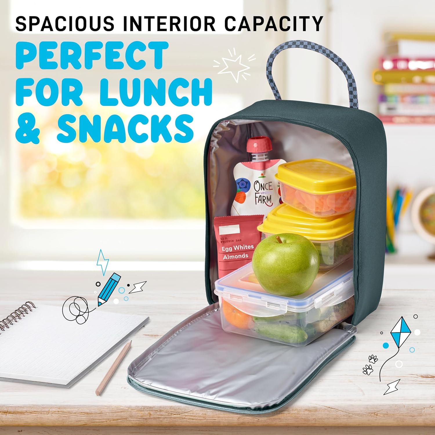 Fit & Fresh Connor Kids Lunch Tote, Versatile Thermal Insulated Lunch Box for School and Camp, Adult Lunch Bag with Front Zip Pocket, Gray