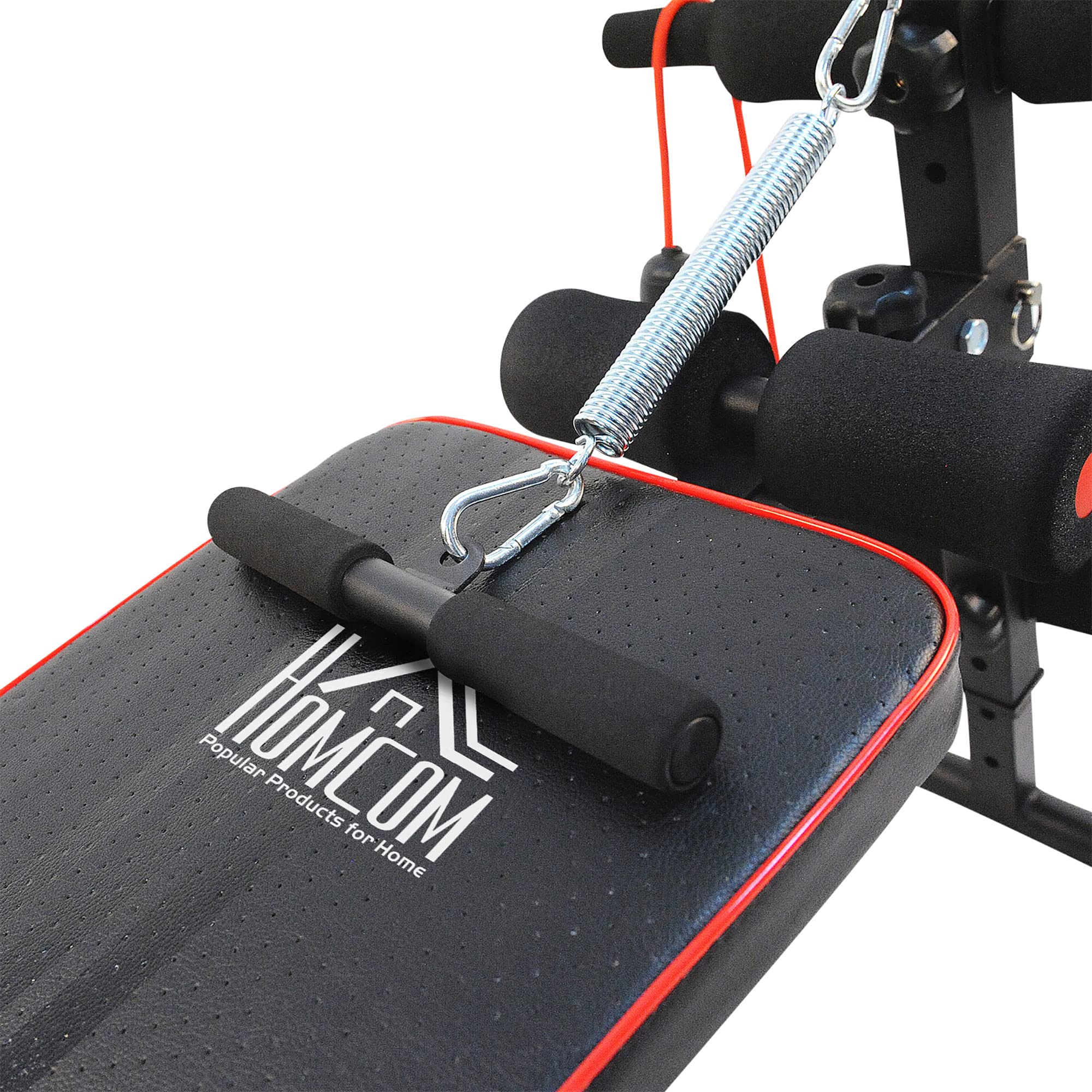 HOMCOM Banco de Abdominales Altura Ajustable Multifuncional Fitness 120kg | Banco de Musculación, Entrenamiento de Espalda Abdominal Piernas, 2 Cuerdas, 1 Tirador de Resorte