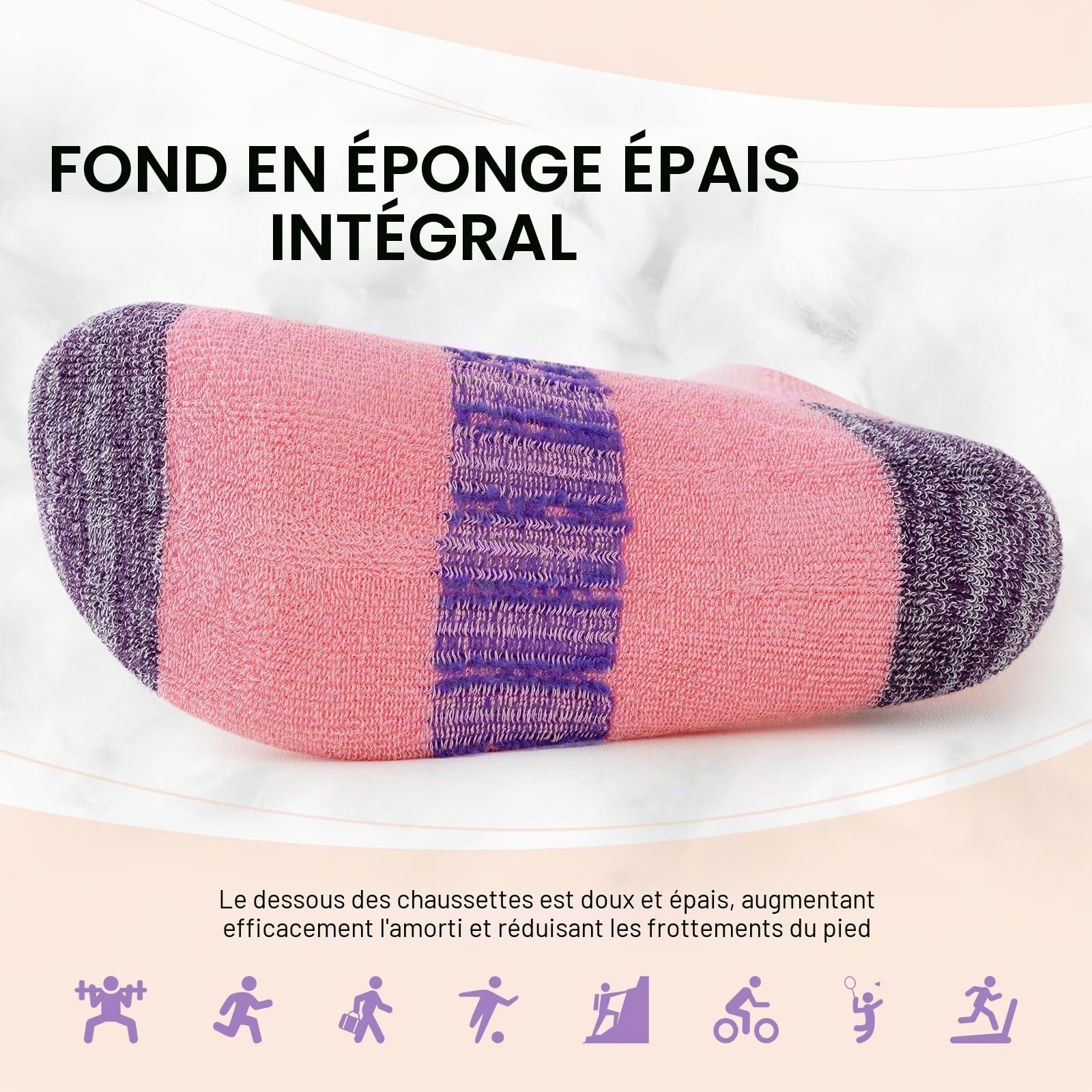 Chaussettes Femme 39-42 35-38, Chaussettes Femme Sport Respirantes Rembourrage Chaudes Coton Randonnée，Extérieur Anti-ampoules Épaisses Bottes Chaussettes de Courir Femme Multicolore 6 Paires