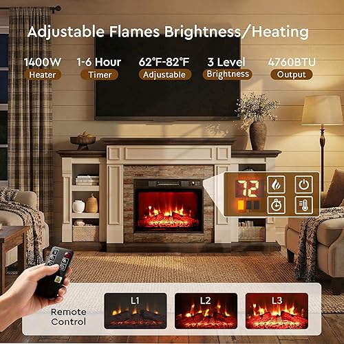 Miniatura 5 de Chimenea eléctrica de 72 pulgadas con chimenea, soporte de TV para televisores de hasta 80 pulgadas, centro de entretenimiento de granja con