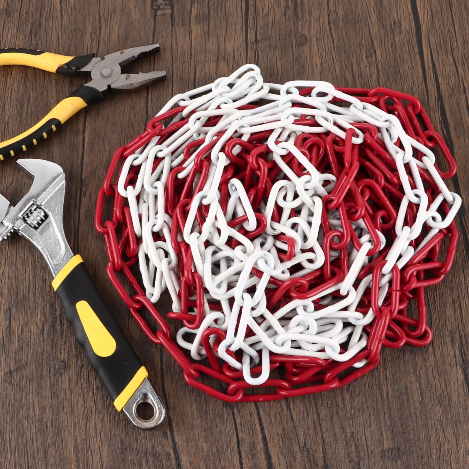 DAJAVE Catena in acciaio da 10 m, catena di sicurezza rosso e bianco, in metallo Ø 5 mm, catena in acciaio zincato per bloccare le superfici, catena di blocco parcheggio