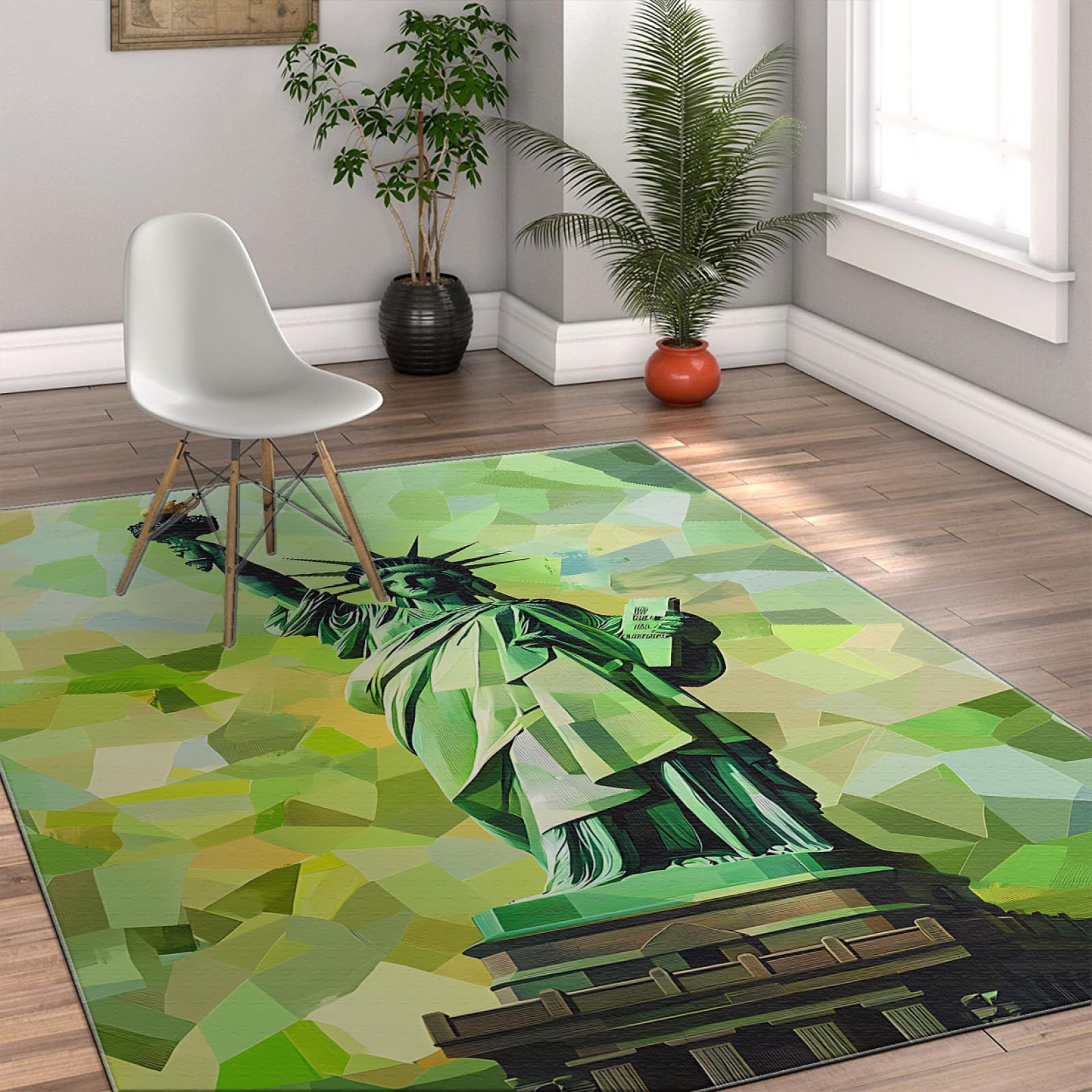 Tapis de Conception esthétique 160x200cm - Vert dégradé Abstrait géométrique Statue de la Liberté Motif antidérapant à Poils Ras Mince Tapis pour Le Bureau